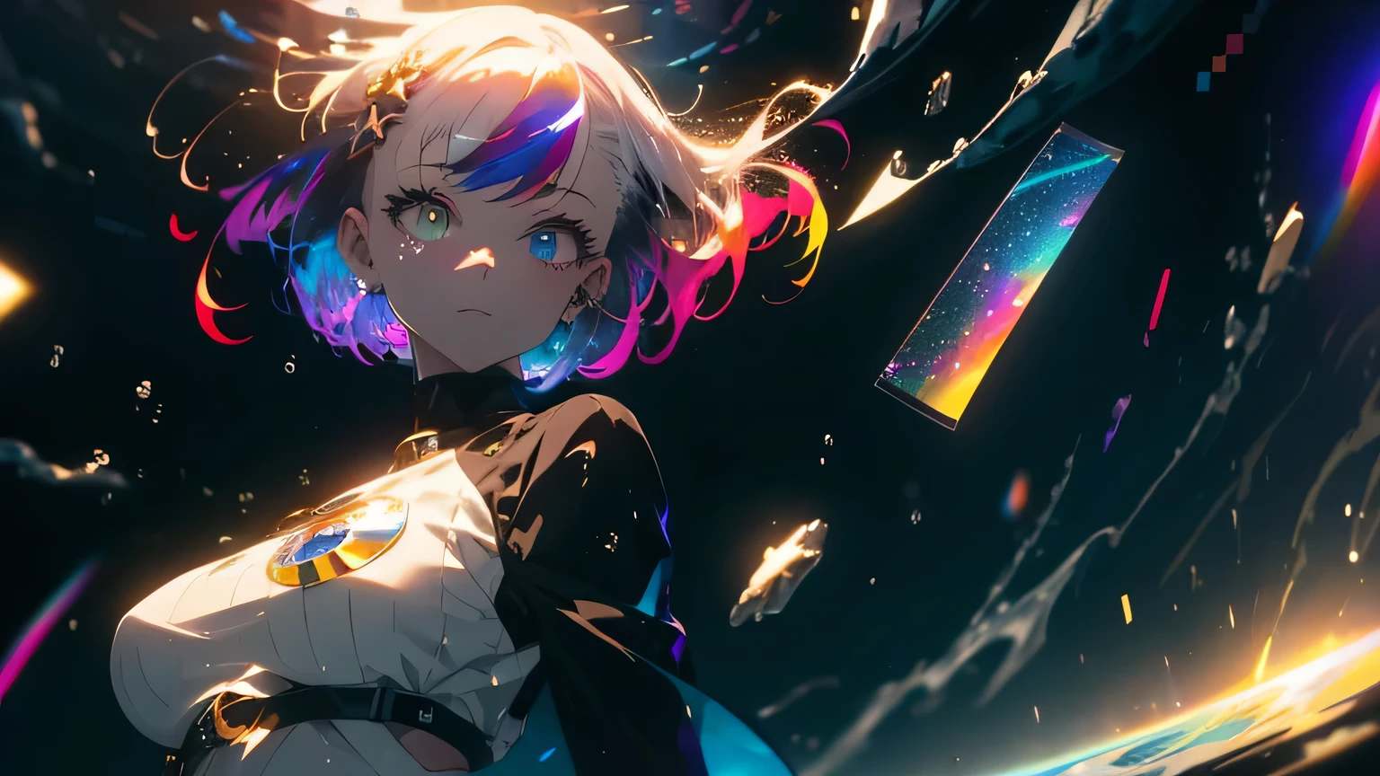 Anime girl with pink hair and blue eyes standing in front of a colorful ...