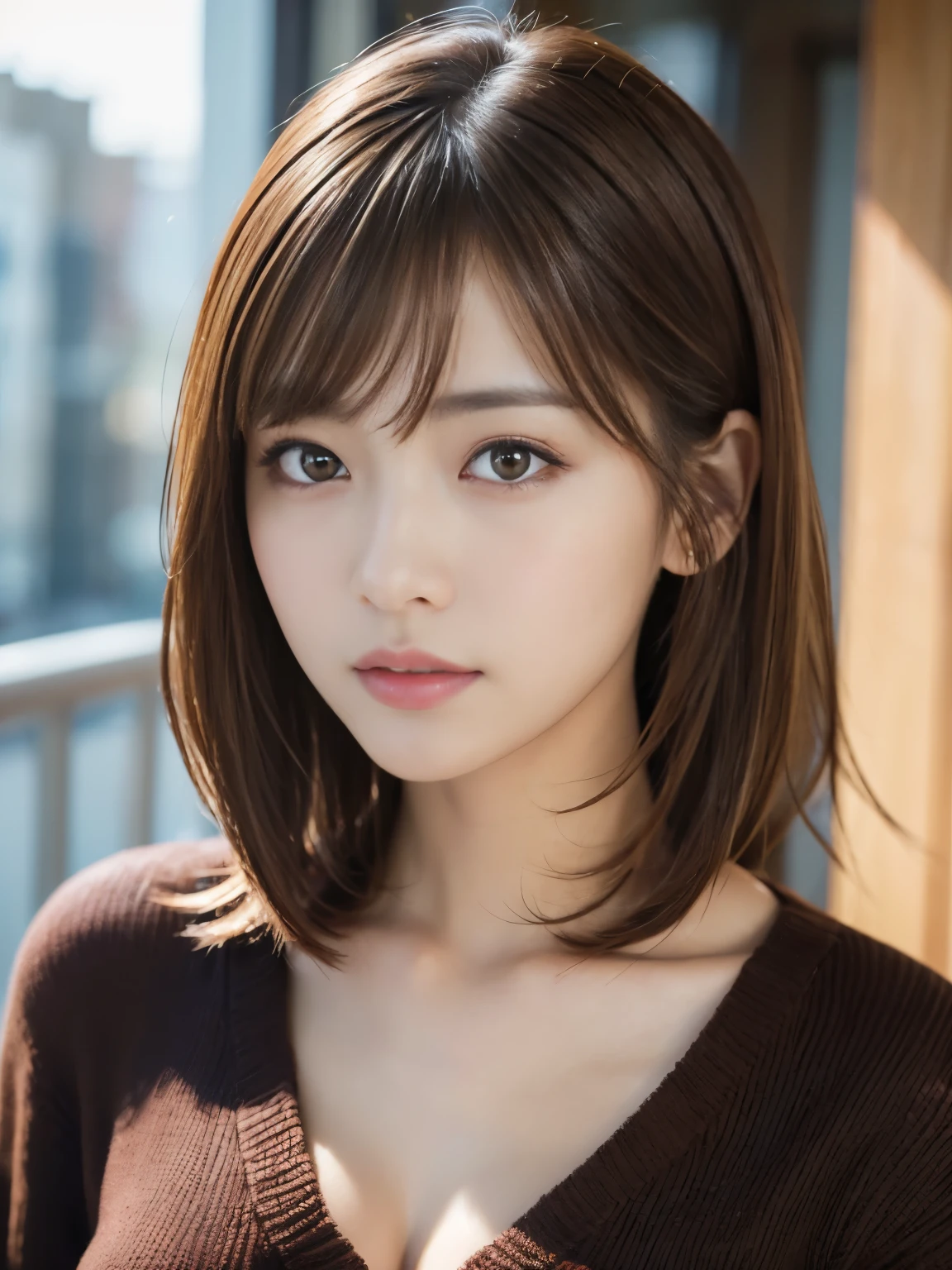 (masterpiece:1.3)、(8K、Photo realsitic、Raw photography、top-quality: 1.4)、(1Japanese girl)、beautiful face、(Lifelike face)、(Brown hair:1.5)、(Medium Hair)、Beautiful hairstyle、（One eye is hidden by bangs：1.5）、Realistic brown eyes、Beautiful details、（real looking skin）、Beautiful skins、（Black sweater）、absurderes、enticing、embarrassed、high resolution、A hyper-realistic、high-detail、the golden ratio