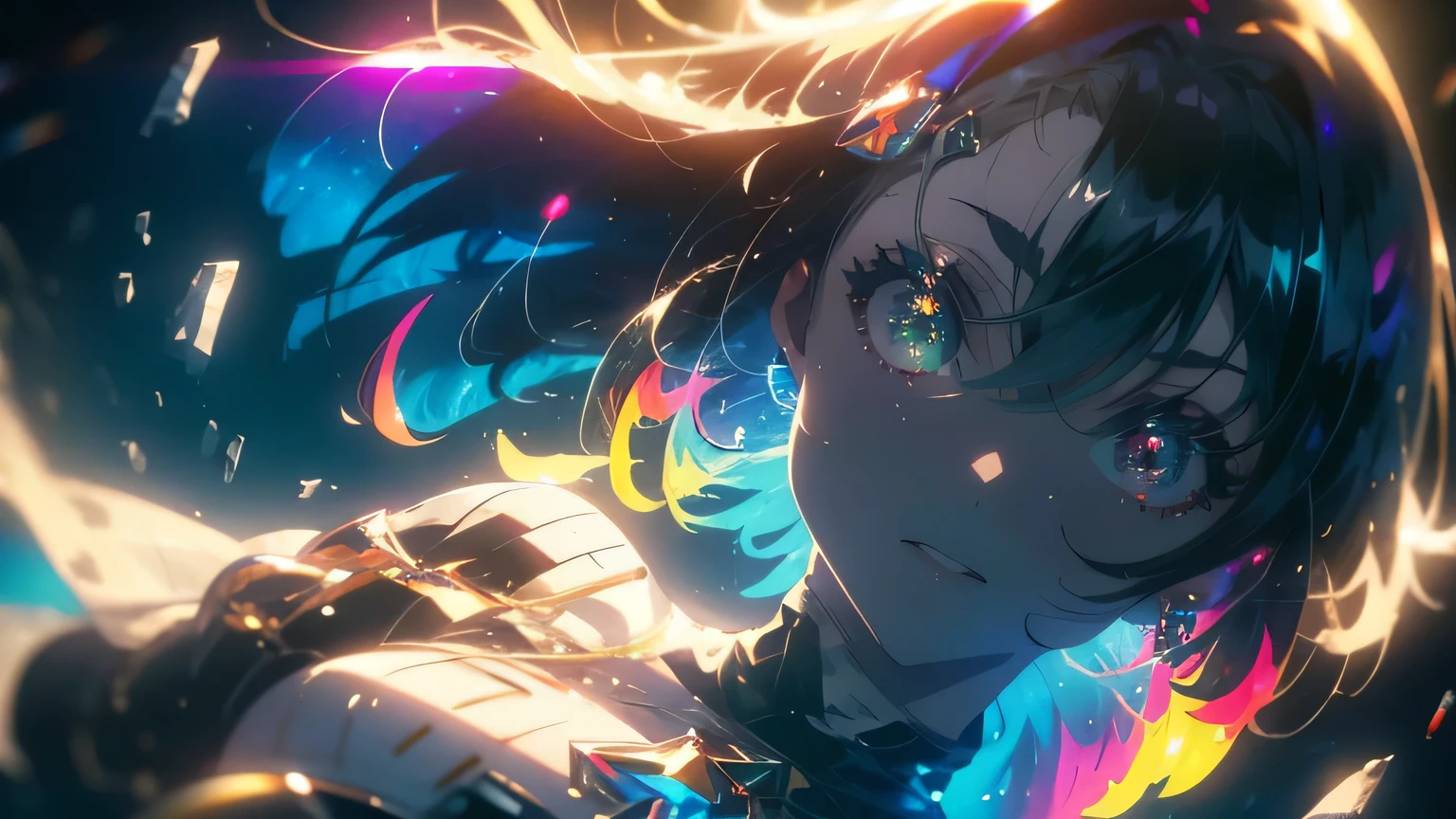 anime wallpapers of a girl (woman, heterochromia eyes, Perfect female figure), ((hairstyle on:buzzcut,A dark-haired,Hair that shines when it catches the light)), lensflare, Dramatic makeup, smiling elegantly, Natural complexion,large full breasts,Diffuse reflection of light((colourfull:1.5)), background is a view of the space and stars, cosmic spaces, wide angle, blue crop top