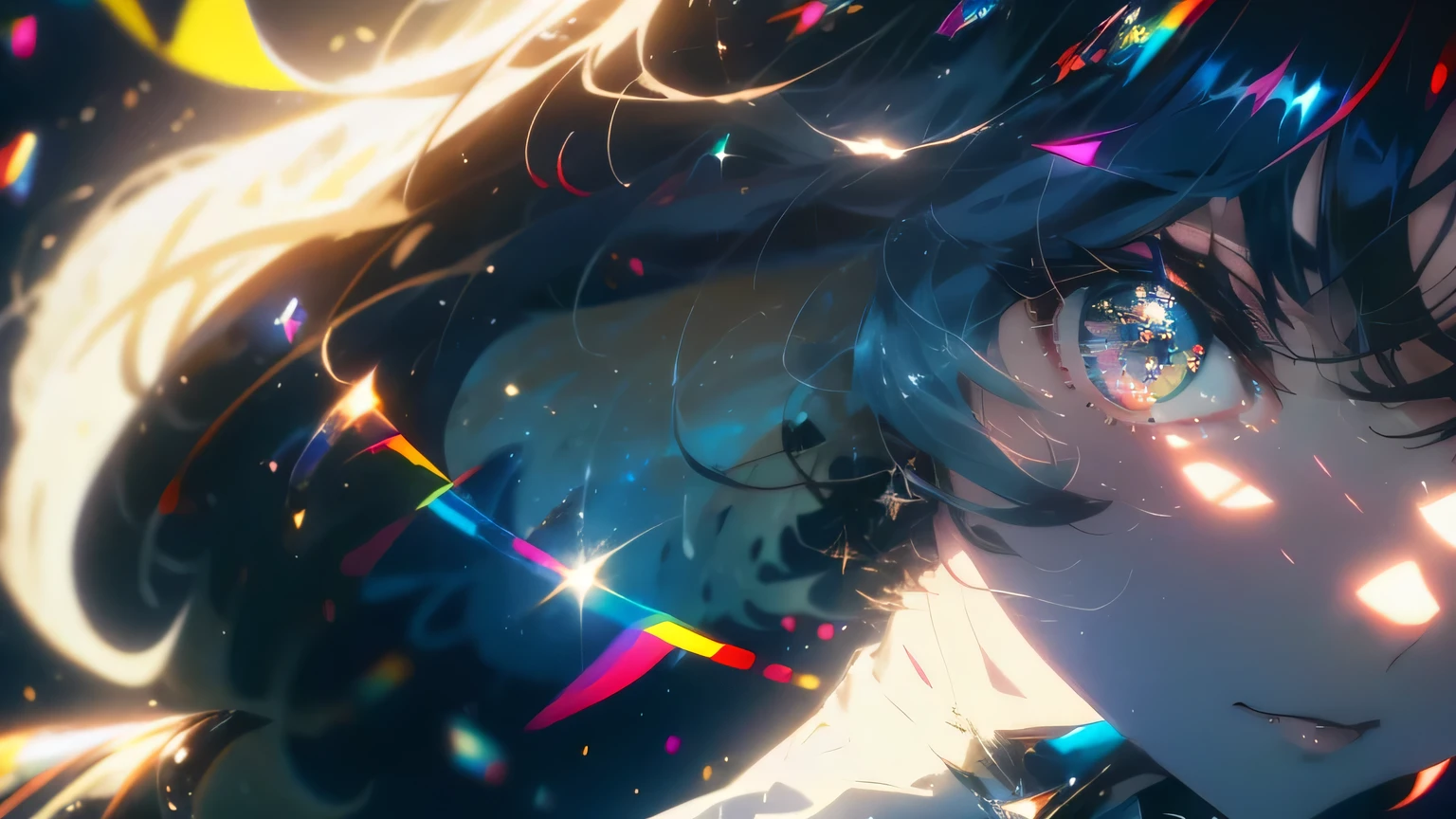 anime wallpapers of a girl (woman, heterochromia eyes, Perfect female figure), ((hairstyle on:buzzcut,A dark-haired,Hair that shines when it catches the light)), lensflare, Dramatic makeup, smiling elegantly, Natural complexion,large full breasts,Diffuse reflection of light((colourfull:1.5)), background is a view of the space and stars, cosmic spaces, wide angle, blue crop top