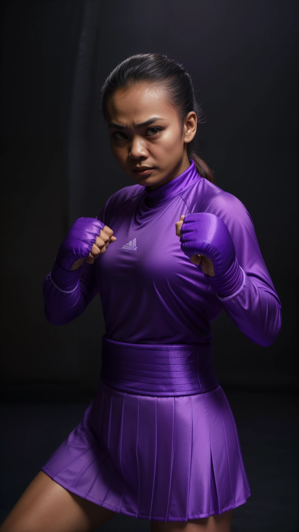 1 malay girl in lilac hijab wear lilac long sleeve sport jersey, lilac pleated long skirt, dark black background, hijab, forehead-looking, surly, sharp-eyed, (cool look), boxing, both red gloves, visible, middle-aged woman, (((narrow eyes)), fighting stance, sparring, boxing, ((malay cinderella boxer))