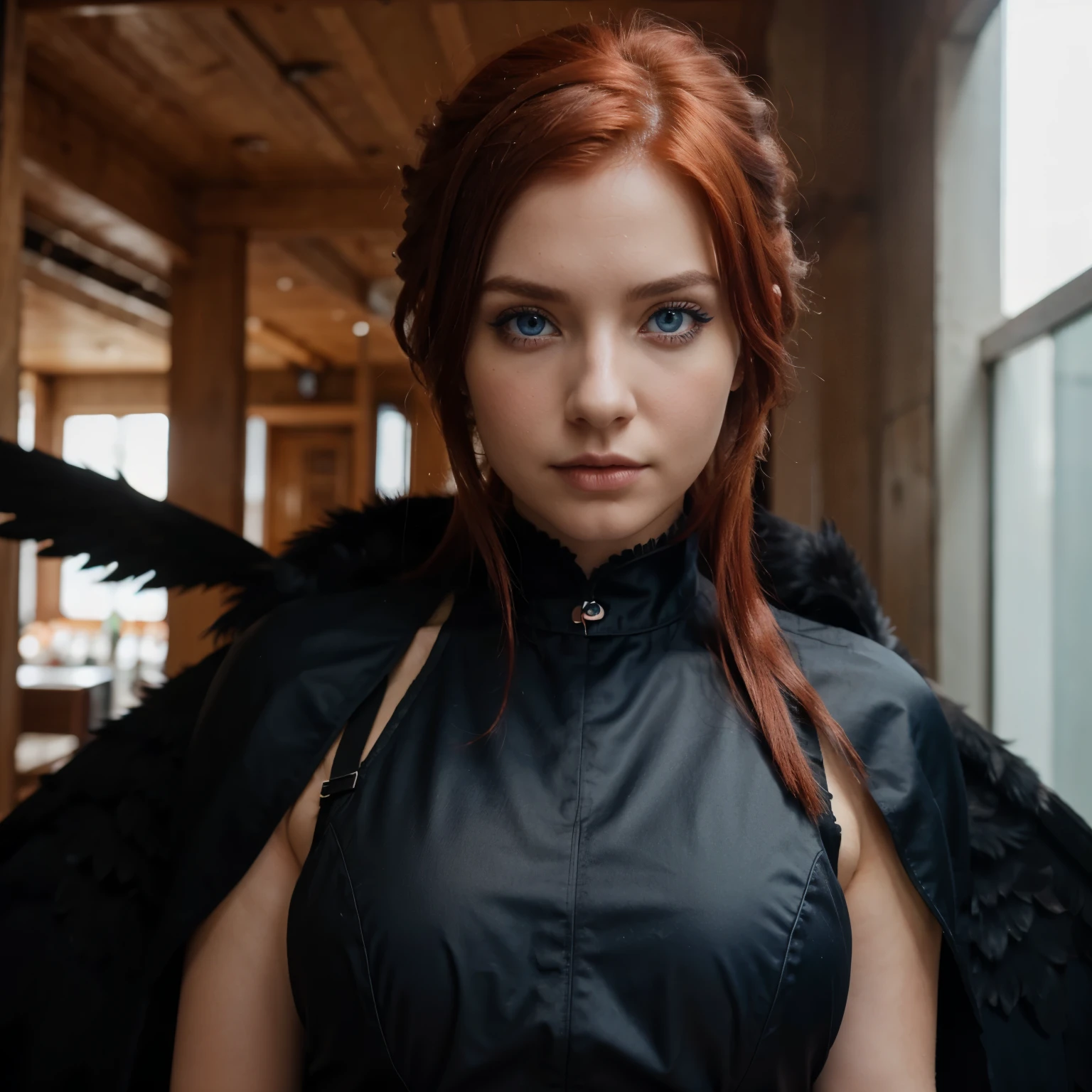 Girl with blue eyes, crimson hair and black wings, vistiendo traje de cuero negro