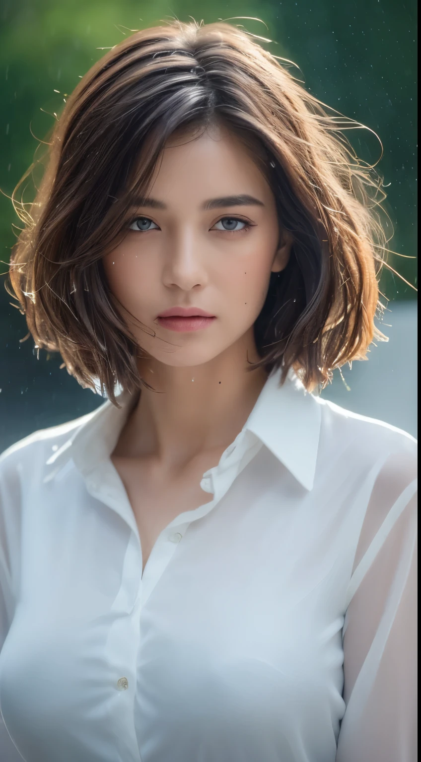 ((Best Quality, 8K, Masterpiece: 1.3)), Sharp: 1.2, Perfect Body Beauty: 1.4, Slim Abs: 1.2, ((Layered Hairstyle, Big Breasts: 1.2)), (Wet White Button Long Shirt: 1.1), (Rain, Street: 1.2), Wet: 1.5, Highly detailed face and skin texture, detailed eyes, double eyelids, side face looking at the camera