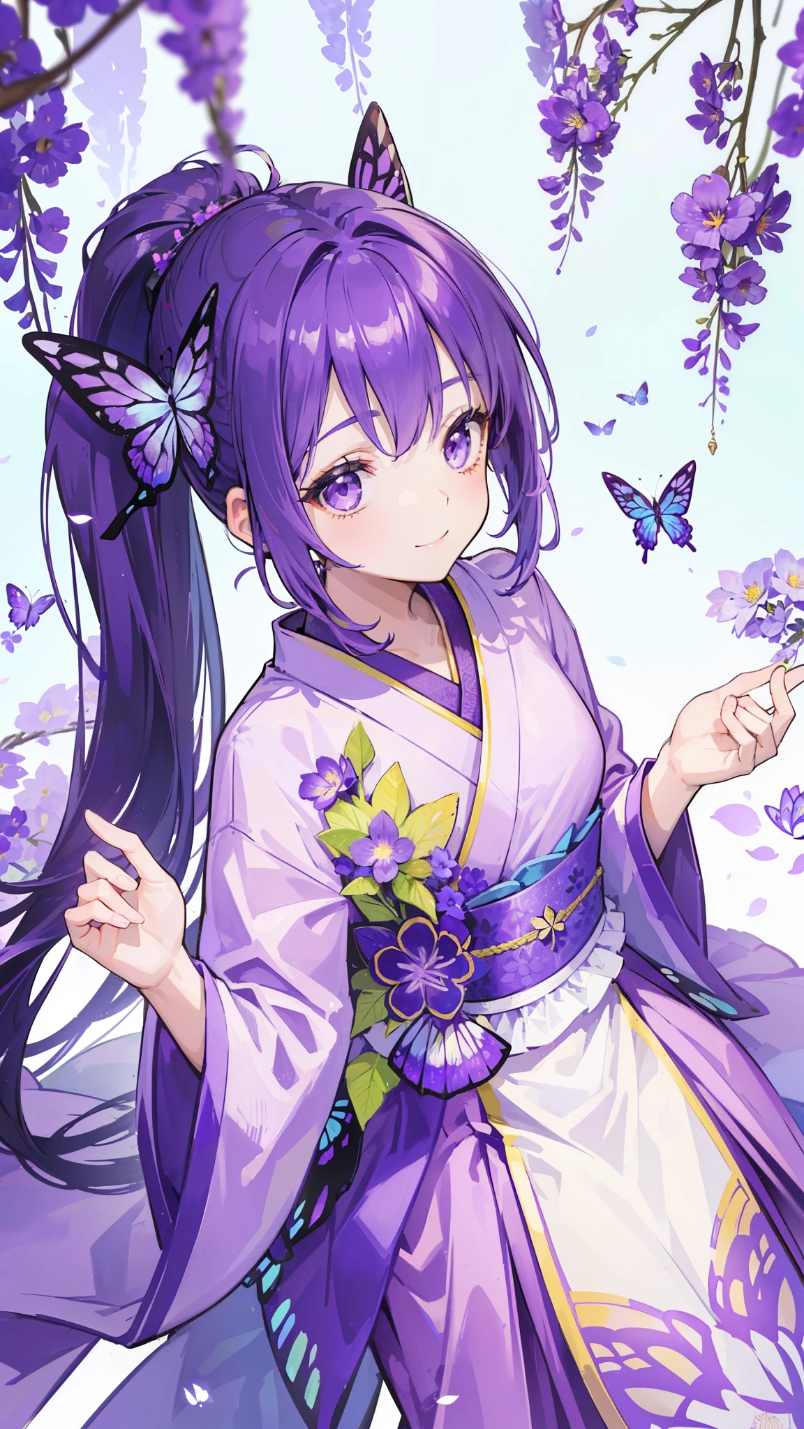 (32k), ((cute girl)), (hight quality), (high-level image quality), (smile), (hight quality wisteria flowers background), (32k background), (wisteria trellis),
(purple short ponytail), (purple eyes), (18 years old), (illustration), (purple light particles), (purple kimono), (purple Japanese clothes), (((from above))), (32k), (beautiful cute girl), (butterfly ornament), (butterfly dresany butterflies)), (((background of many flowers
))), (((bright background))), (beautiful world), (cute world), (smile), (((beautiful quality))),