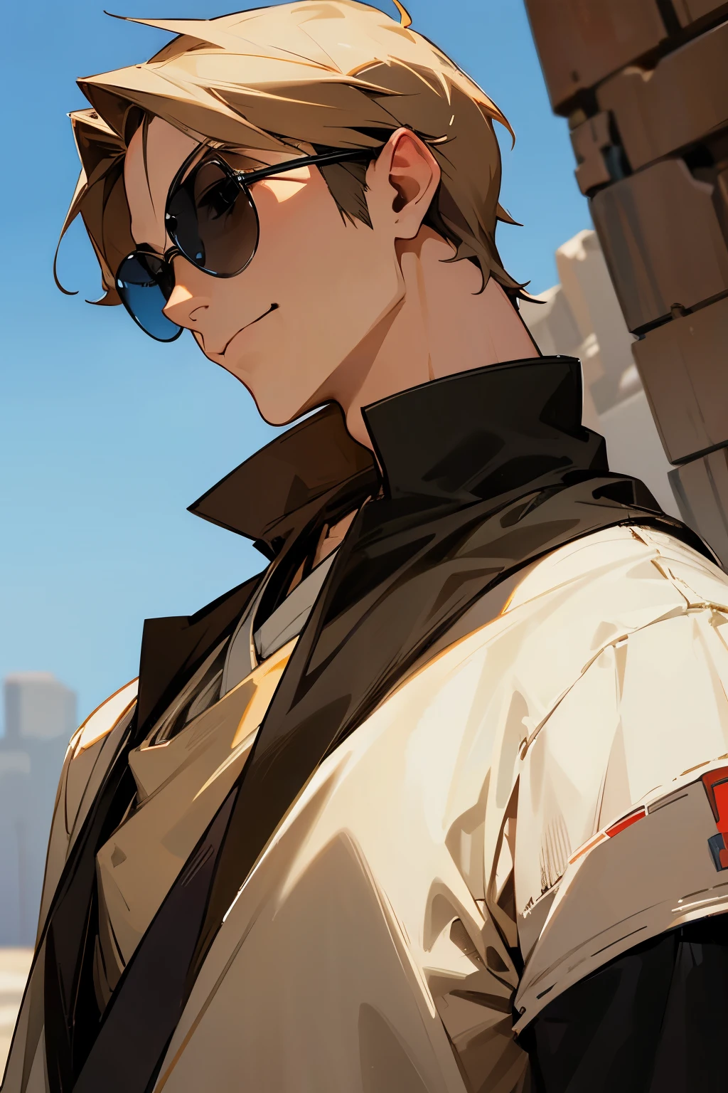 star wars, alien, star wars outfit, pale skin, smirking, wearing brown rags, young male, muscular,sunglasses,