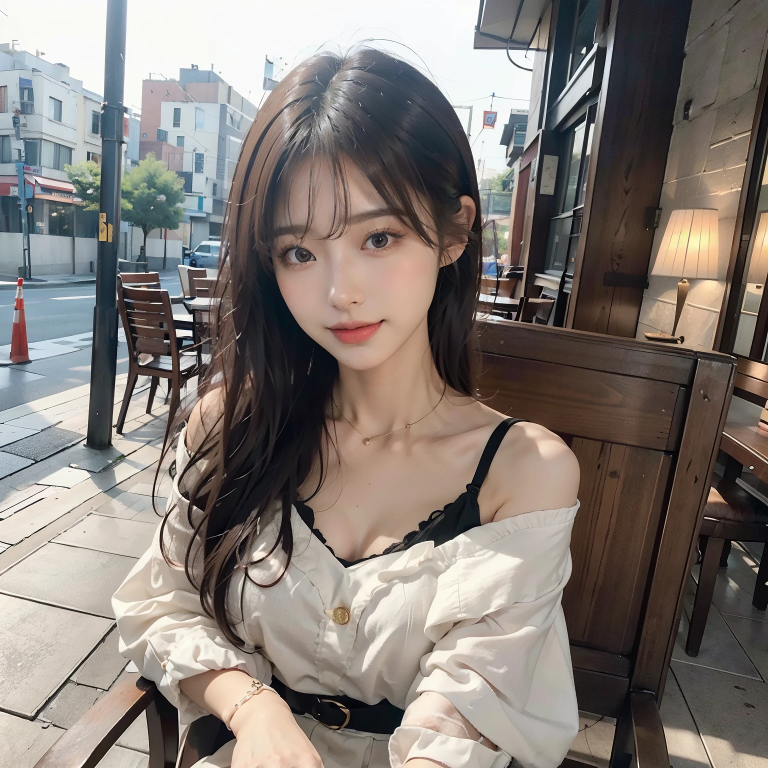 ((best quality、8ｋ、32ｋ、masterpiece:1.3))、(Portrait)、1 girl、slim beauty、Beautiful woman、Petty:1.2、brown hair、Stylish layered semi-long hair、With bangs、beautiful hair quality、Big eyes、beautiful eyes、double eyelid、realistic skin types、realistic texture、put a smile on your face、(close your mouth)、soft skin、thighs、Cafe、drinking coffee、(stylish dress)、looking at camera、sit in a chair、Terrace seats
