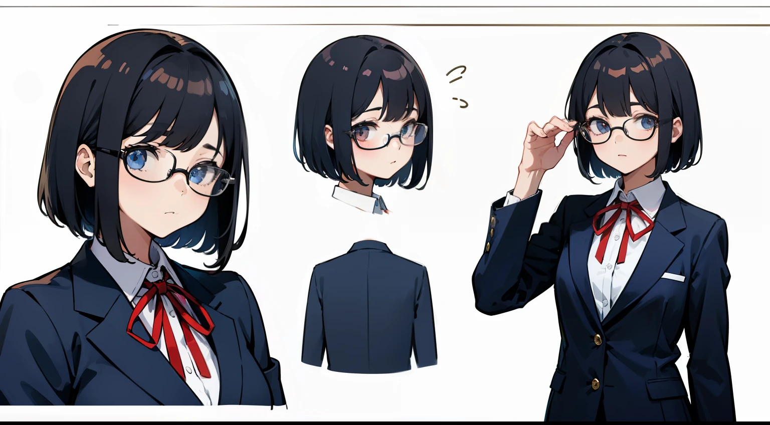 ((masterpiece, highest quality)), detailed face, character sheet, whole body, full of details, Multiple poses and styles々expression, very detailed, depth, many parts, 1 girl,blazer(ネイビーブルーのblazer、white blouse、red ribbon、navy blue skirt),short bob,straight hair,black hair,I'Iは元気です,bright,kind,cute face,main character'childhood friend of,wear glasses(black-rimmed boston glasses)