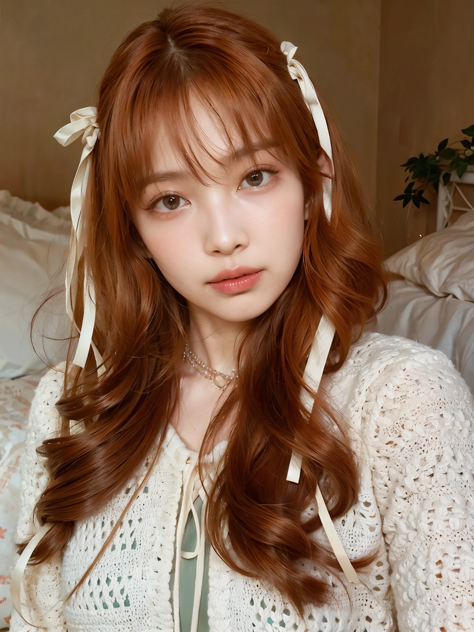 tem uma mulher ruiva e camisa branca, com cabelo ruivo cacheado, long hair Com franja, cabelo castanho e franja, neat hair Com franja, cabelo longo com franja completa, brown hair Com franja, brown long hair Com franja, com longos cabelos ruivos, Com franja, flowing red hair, cabelo ruivo longo e brilhante, cabelo ruivo macio, long, flowing red hair