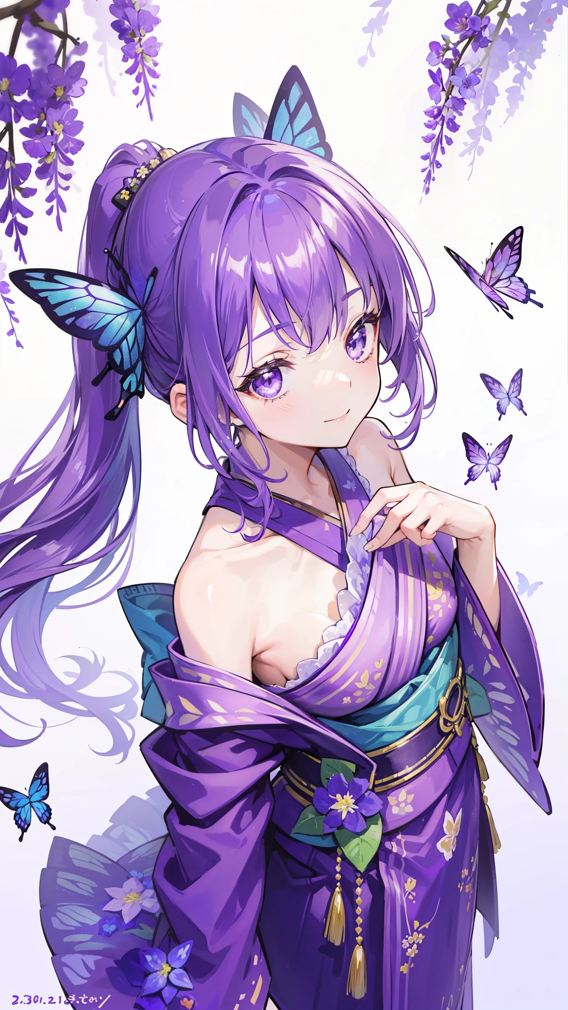 (32k), ((cute girl)), (hight quality), (high-level image quality), (smile), (hight quality wisteria flowers background), (32k background), (wisteria trellis),
(purple short ponytail), (purple eyes), (18 years old), (illustration), (purple light particles), (purple kimono), (purple Japanese clothes), (((from above))), (32k), (beautiful cute girl), (butterfly ornament), (butterfly dresany butterflies)), (((background of many flowers
))), (((bright background))), (beautiful world), (cute world), (smile), (((beautiful quality))),