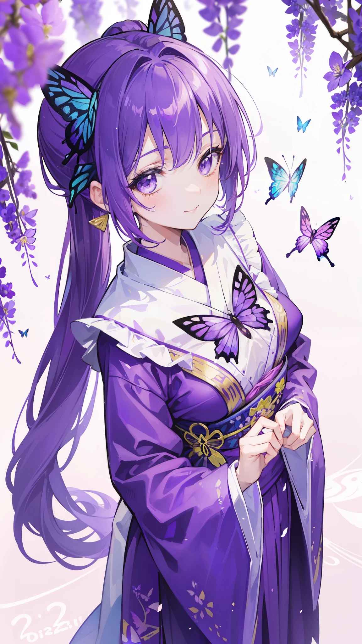 (32k), ((cute girl)), (hight quality), (high-level image quality), (smile), (hight quality wisteria flowers background), (32k background), (wisteria trellis),
(purple short ponytail), (purple eyes), (18 years old), (illustration), (purple light particles), (purple kimono), (purple Japanese clothes), (((from above))), (32k), (beautiful cute girl), (butterfly ornament), (butterfly dresany butterflies)), (((background of many flowers
))), (((bright background))), (beautiful world), (cute world), (smile), (((beautiful quality))),