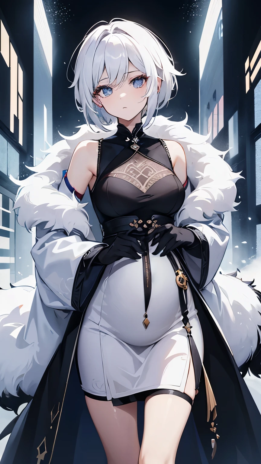 1.5, Best quality, high high quality, k hd, high high quality质感, high detal, Beautiful meticuloso, meticuloso, Extremely meticulosoCG, meticuloso texture, 1 person, schoolboy, male people, (( oh oh oh, Oh, God)), cryonic archon, Genshin Impact Inspiration, Fur coat, White hair, Short hair details, icy look in the eye, ((dark chamber)), There are no obstacles, pregnant belly, pregnancy
