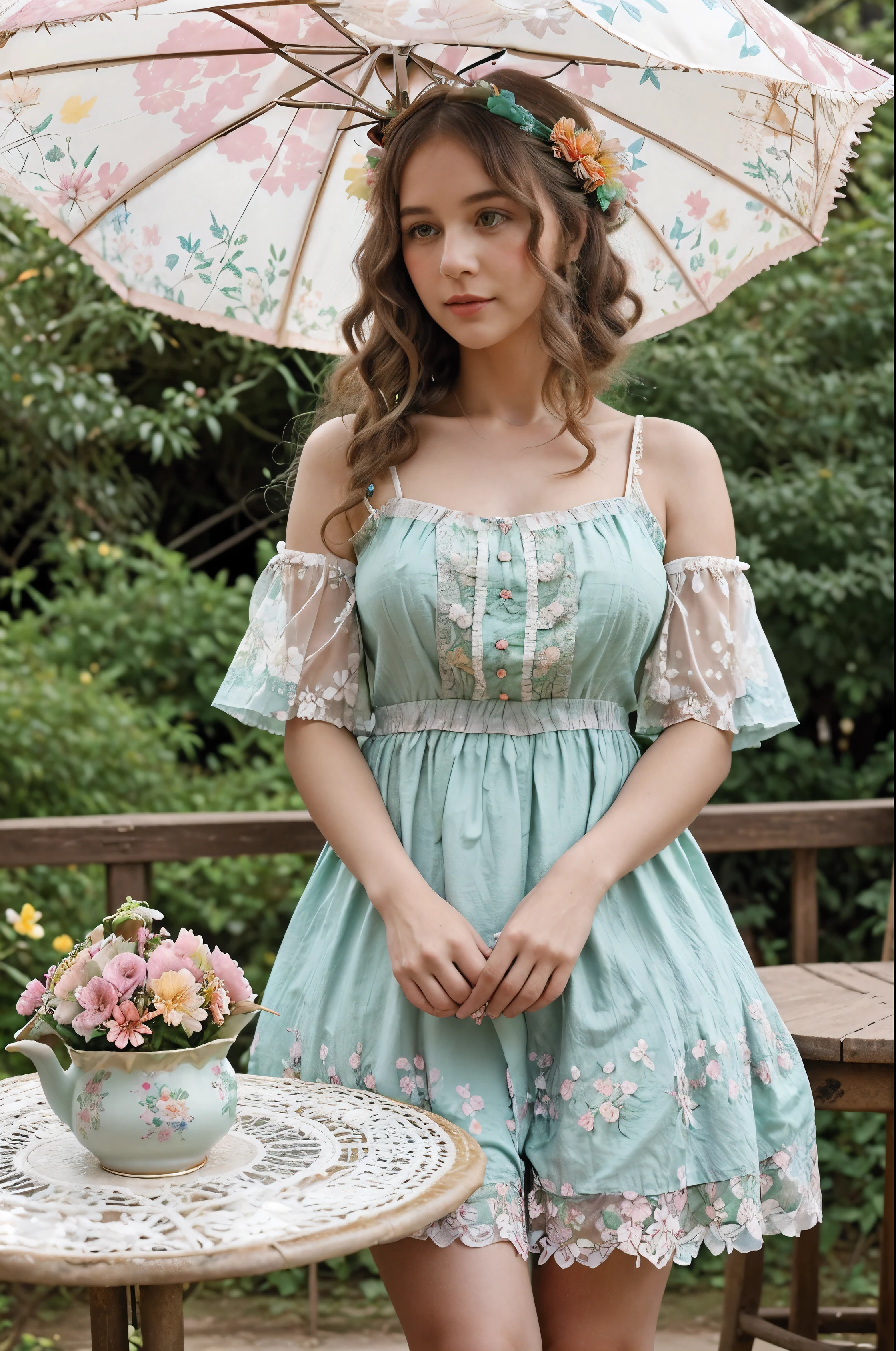 A charming garden blooming with colorful flowers, vintage tea sets arranged on a rustic table
Style: Flowing pastel-colored dress with lace details, accessorized with a wide-brimmed hat adorned with flowers, carrying a dainty parasol, hair styled in soft curls with floral accents. proper hands, fingers, legs.