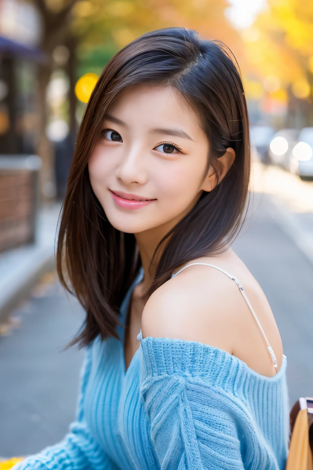 nice smile seeing this、One pretty woman、Bold poses、a smile、18 year old girl、Cute、The upper part of the body、
Under the Autumn Sky、Colorful color sweateredium hair、、Natural Color Lip、fair white skin、(top-quality,8K,masterpiece),Woman sitting at table with mobile phone in hand, Japanese model,A tiny,cleavage of the breast,(A detailed eye,Detailed nose,Detailed lips,lipgloss,Detailed skin), in city street,