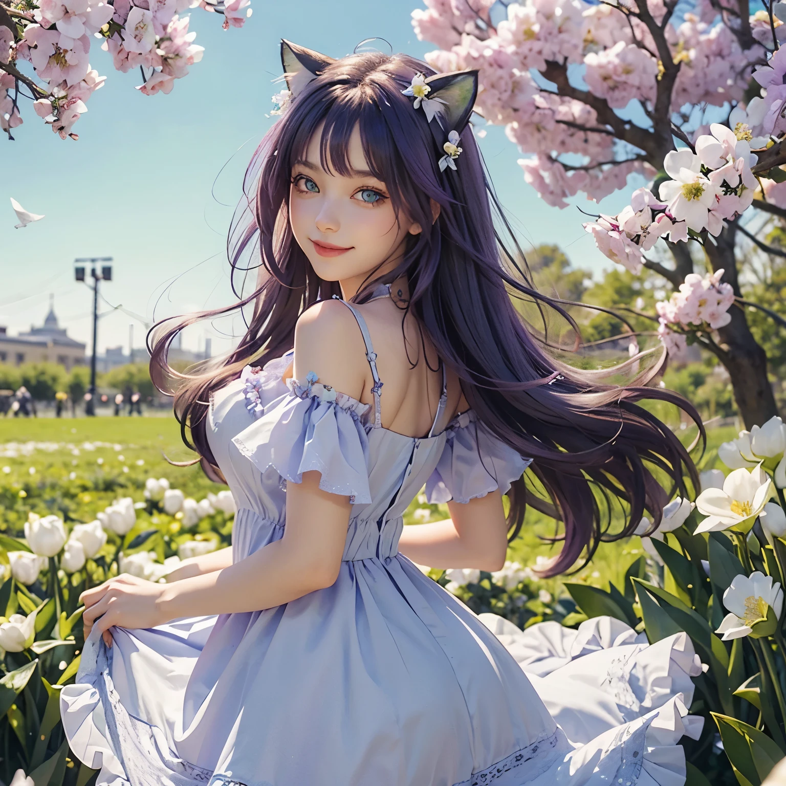 Beautiful woman with green eyes, violet hair smiling, fully clothed in a spring dress, cat ears, cyber, blooming spring flowers and blue skies in the background, flying petals, happy