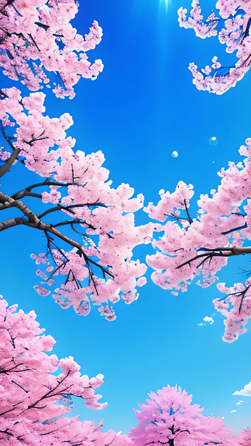 cherry blossoms in bloom,Flowers fall,Blue sky and white clouds,diffuse light,divine light,Color difference,Caustics