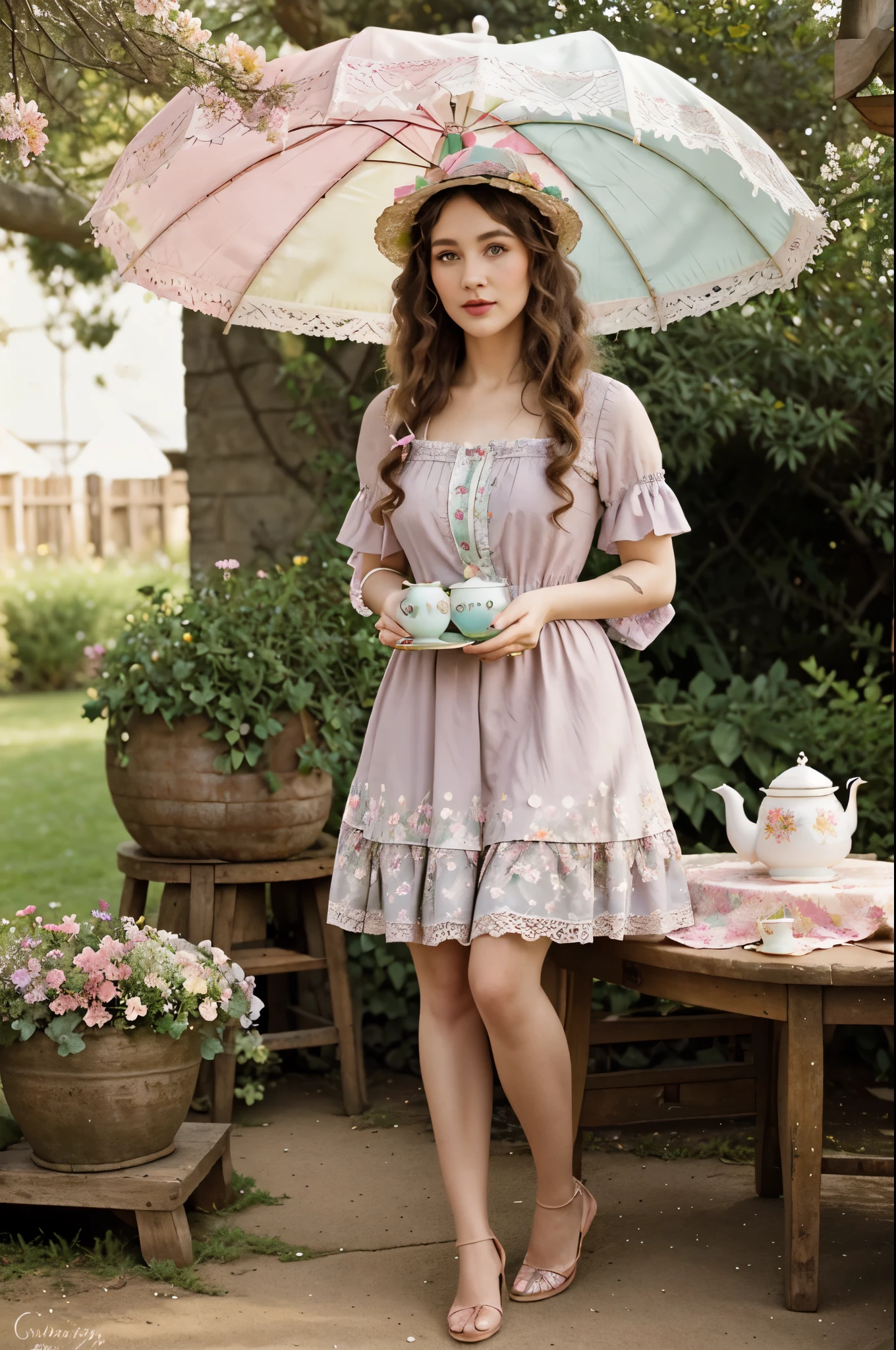 A charming garden blooming with colorful flowers, vintage tea sets arranged on a rustic table
Style: Flowing pastel-colored dress with lace details, accessorized with a wide-brimmed hat adorned with flowers, carrying a dainty parasol, hair styled in soft curls with floral accents. proper hands, fingers, legs.