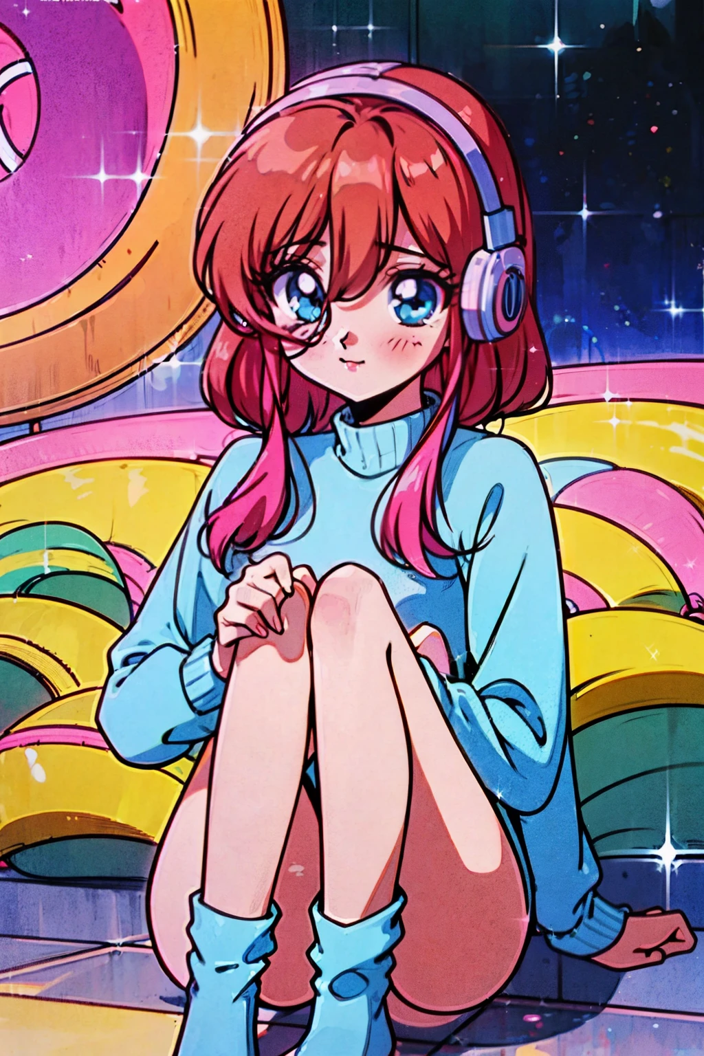 Vintage anime girl, 90's anime style, old animes, good quality, old anime, naoko takeuchi style, vintage anime,, Official art、Beautifully Aesthetic:1.2)、patterns、Hair spreads throughout、kawaii、pastel、Lovely room、, Ultra Detail, Movie, Hyper Realism, Soft Light, Deep Focus Bokeh, Ray Tracing, --niji 5. crystal, fantasy, galaxy, transparent, Miku Nakano, Nakano Miku from the quintessential quintuplets, shimmering, sparkling, splendid, colorful, magical photography, dramatic lighting, Miku Nakano, long fluffy pink brown hair, blue eyes, nakano_miku, fluffy buttoned jumper, hair between eyes, headphones down, ridescent, cute, crystal, love, blushing, sweet expression, smile, splendid, iridescent, dynamic pose, moving, full body, vintage anime eyes, small eyes, normal sized eyes