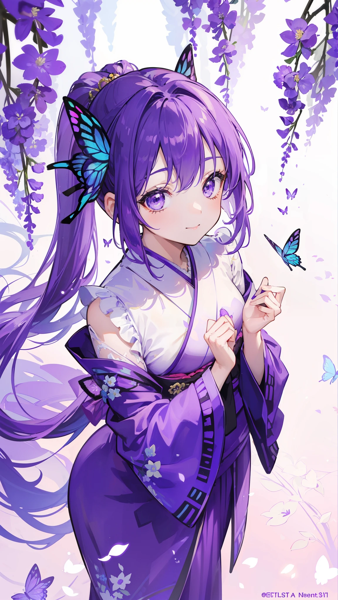 (32k), ((cute girl)), (hight quality), (high-level image quality), (smile), (hight quality wisteria flowers background), (32k background), (wisteria trellis), 
(purple short ponytail), (purple eyes), (18 years old), (illustration), (purple light particles), (purple kimono), (purple Japanese clothes), (((from above))), (32k), (beautiful cute girl), (butterfly ornament), (butterfly dresany butterflies)), (((background of many flowers
))), (((bright background))), (beautiful world), (cute world), (smile), (((beautiful quality))), 