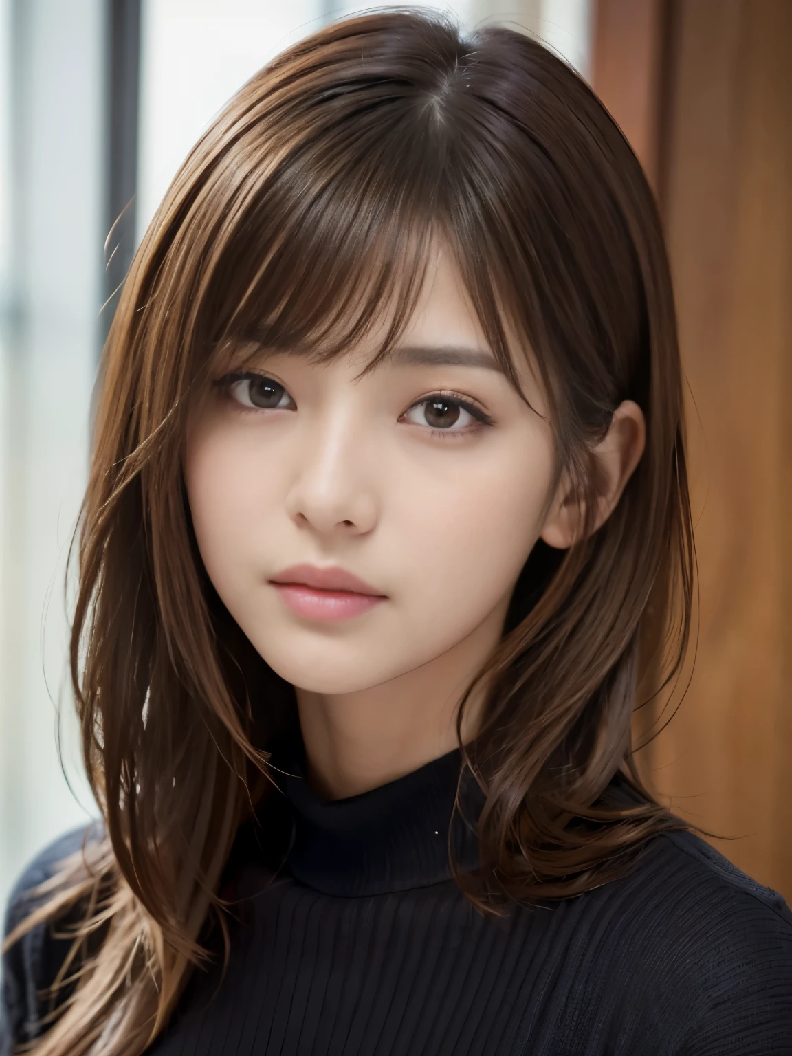 (masterpiece:1.3)、(8K、Photo realsitic、Raw photography、top-quality: 1.4)、(1Japanese girl)、beautiful face、(Lifelike face)、(Brown hair:1.5)、(Medium Hair)、Beautiful hairstyle、（One eye is hidden by bangs：1.5）、Realistic brown eyes、Beautiful details、（real looking skin）、Beautiful skins、（Black sweater）、absurderes、enticing、embarrassed、high resolution、A hyper-realistic、high-detail、the golden ratio