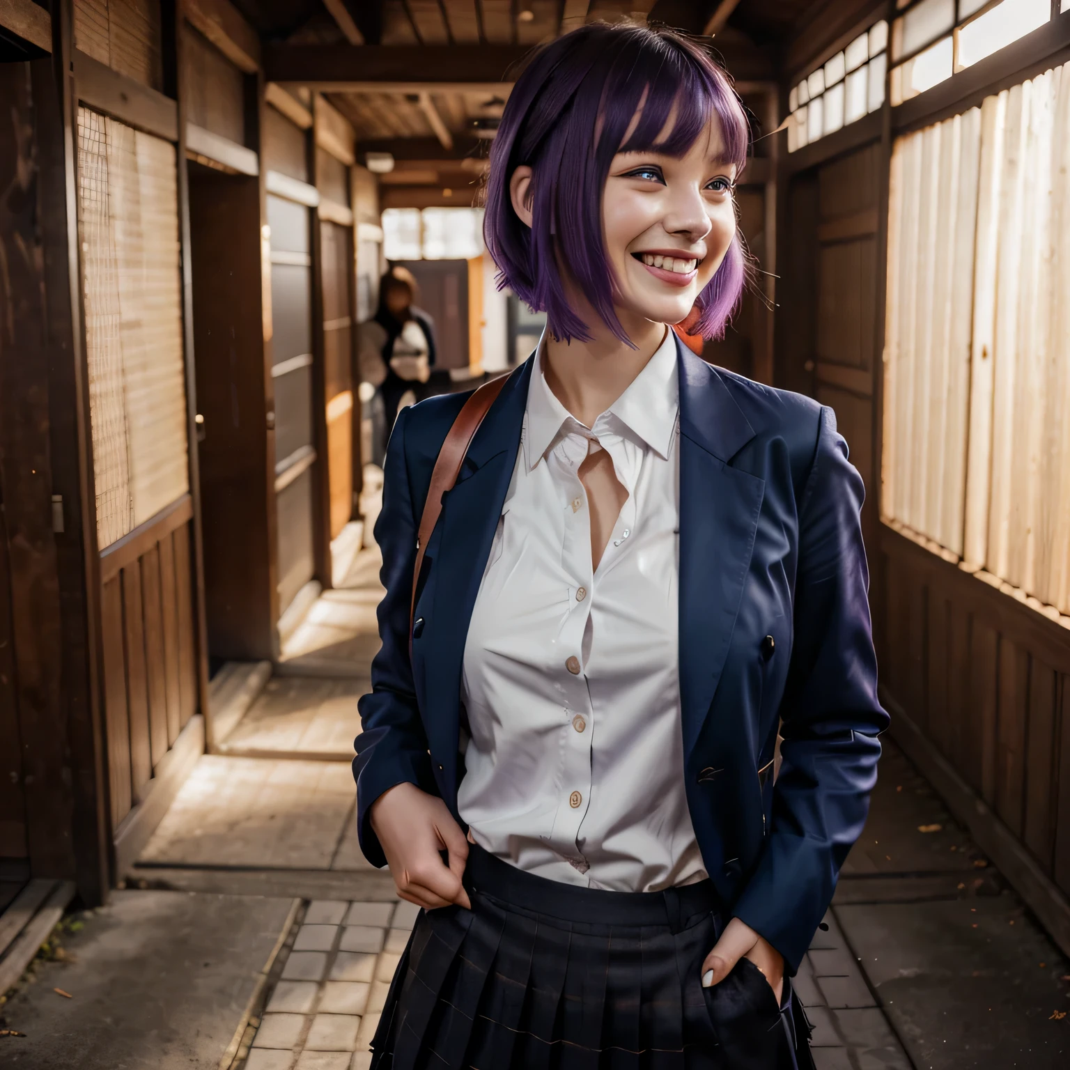 dark blue pleated skirt, white button-up shirt, black social shoes, (pantyhose: 1.2), (red tie), backpack on the back, dark blue blazer, empty japanese street, (sun light: 1.2), (wooden walls: 1.2), (looking over her shoulder: 1.4), (best quality), (realistic), (masterpiece:1.4), vivid colors, vivid background, 8k, sharp focus, detailed facial features, bokeh, soft shadows, realistic skin texture, anna nikonova aka newmilky, portrait sophie mudd, yelena belova, barbara palvin,1 girl, large blue eyes, big eyelashes, 21 years old, red lips, night makeup, square chin, small breasted, small ass, short purple hair, chanel hair, fringe, short hair, center parted bangs, chin-length purple hair, (laughing: 1.4)