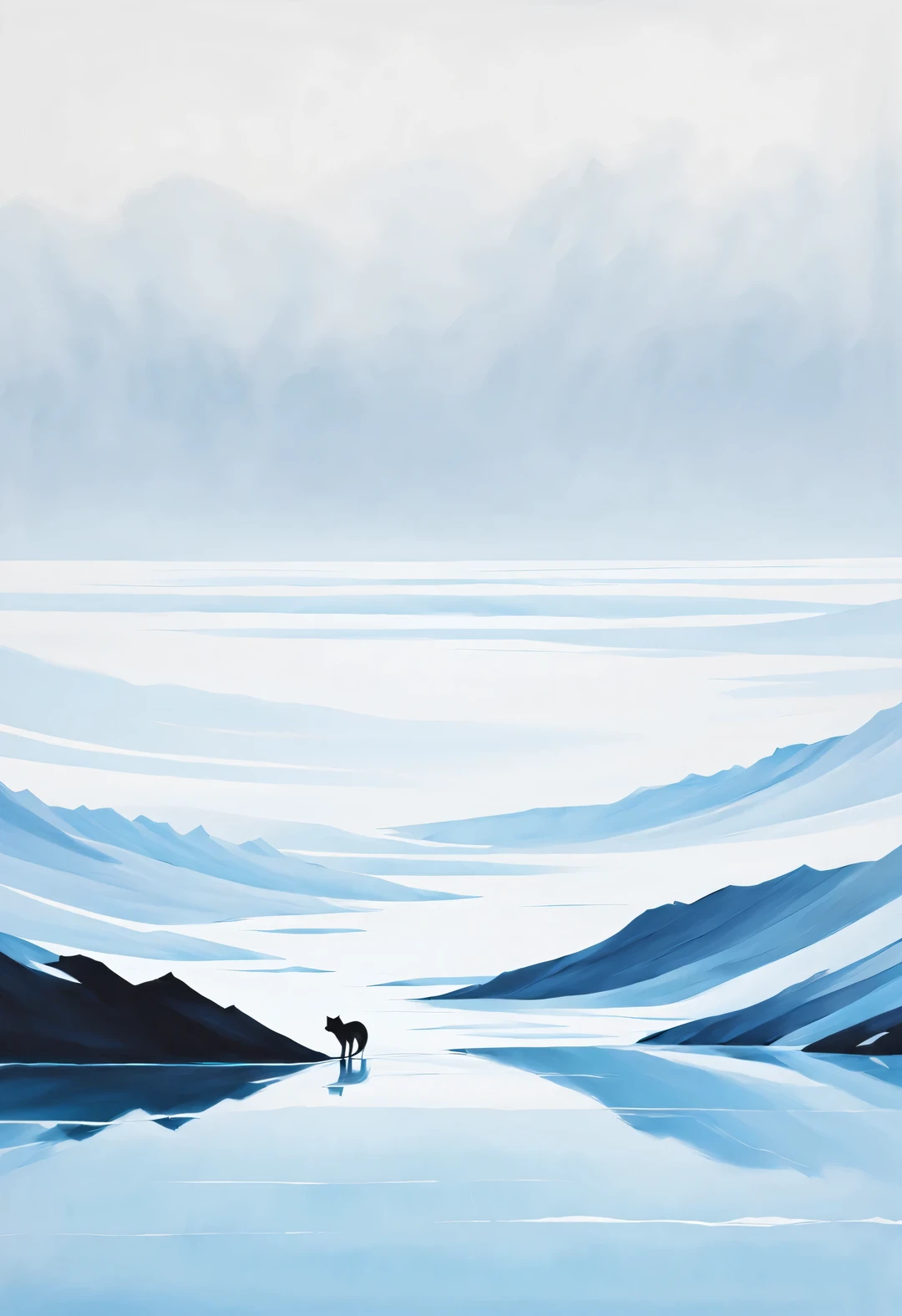 minimalist stripe painting, foggy ice fields, Arctic fox silhouette in water - chaos