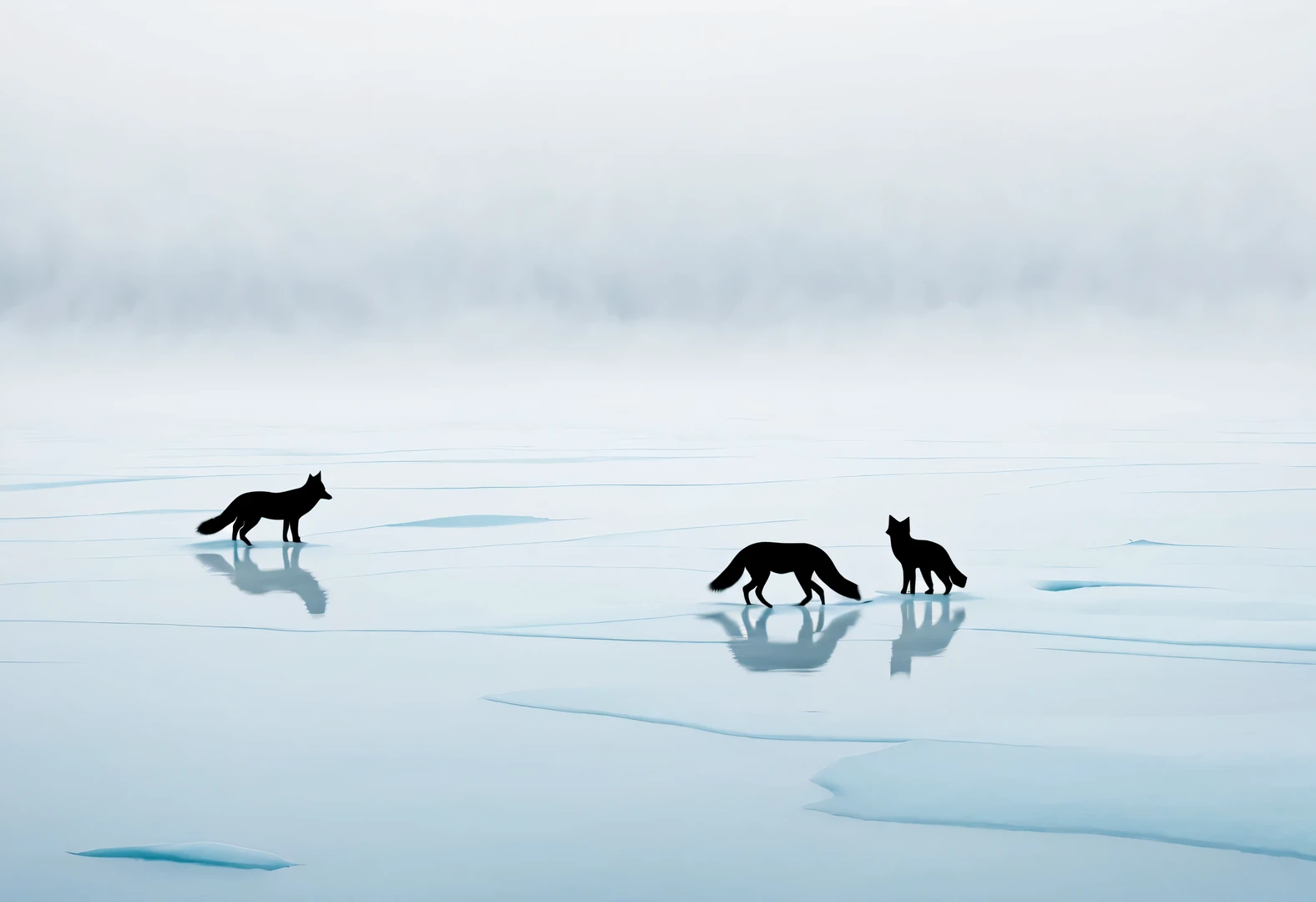 minimalist stripe painting, foggy ice fields, Arctic fox silhouette in water - chaos