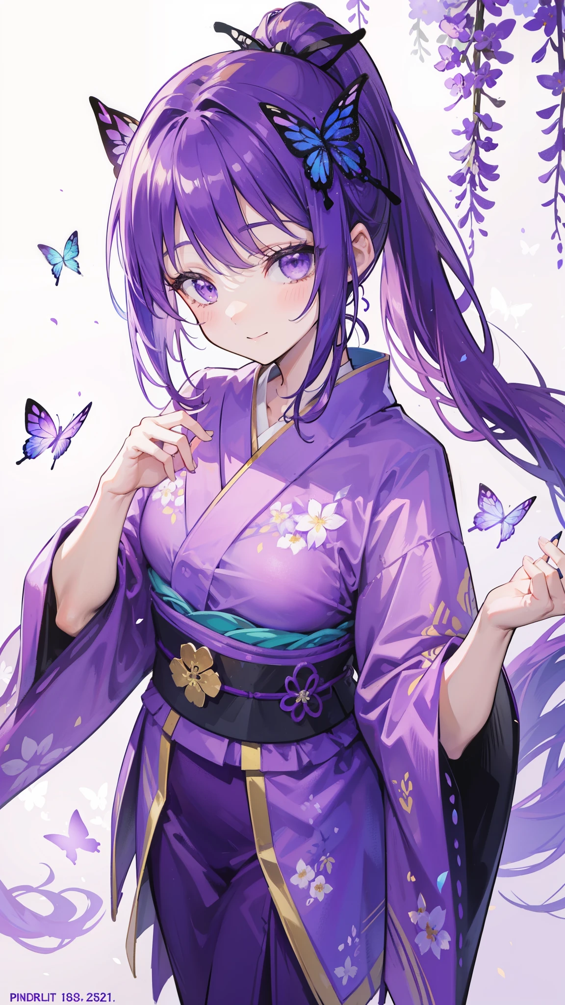 (32k), ((cute girl)), (hight quality), (high-level image quality), (smile), (hight quality wisteria flowers background), (32k background), (wisteria trellis),
(purple short ponytail), (purple eyes), (18 years old), (illustration), (purple light particles), (purple kimono), (purple Japanese clothes), (((from above))), (32k), (beautiful cute girl), (butterfly ornament), (butterfly dresany butterflies)), (((background of many flowers
))), (((bright background))), (beautiful world), (cute world), (smile), (((beautiful quality))),