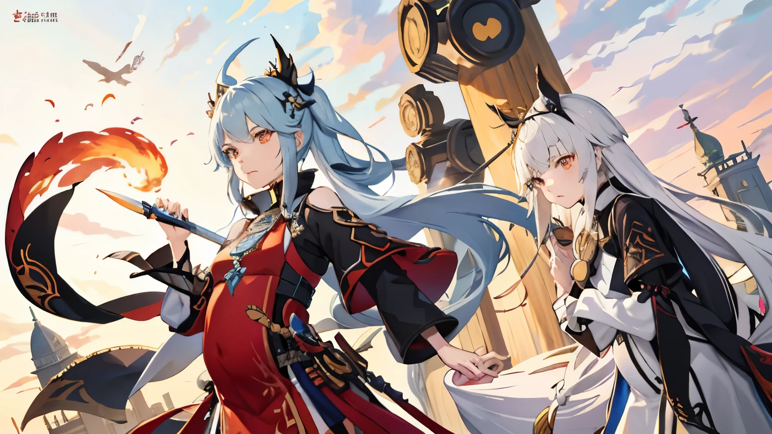 a woman in a dress holding a dagger and a dagger, video game character, from arknights, fox nobushi holding a dagger, hajime yatate, keqing from genshin impact, random haired deity, with small sword, ayaka genshin impact, female action anime girl, official character art, anime character, pregnant anime girl, fetus, random hair color, pregnant belly