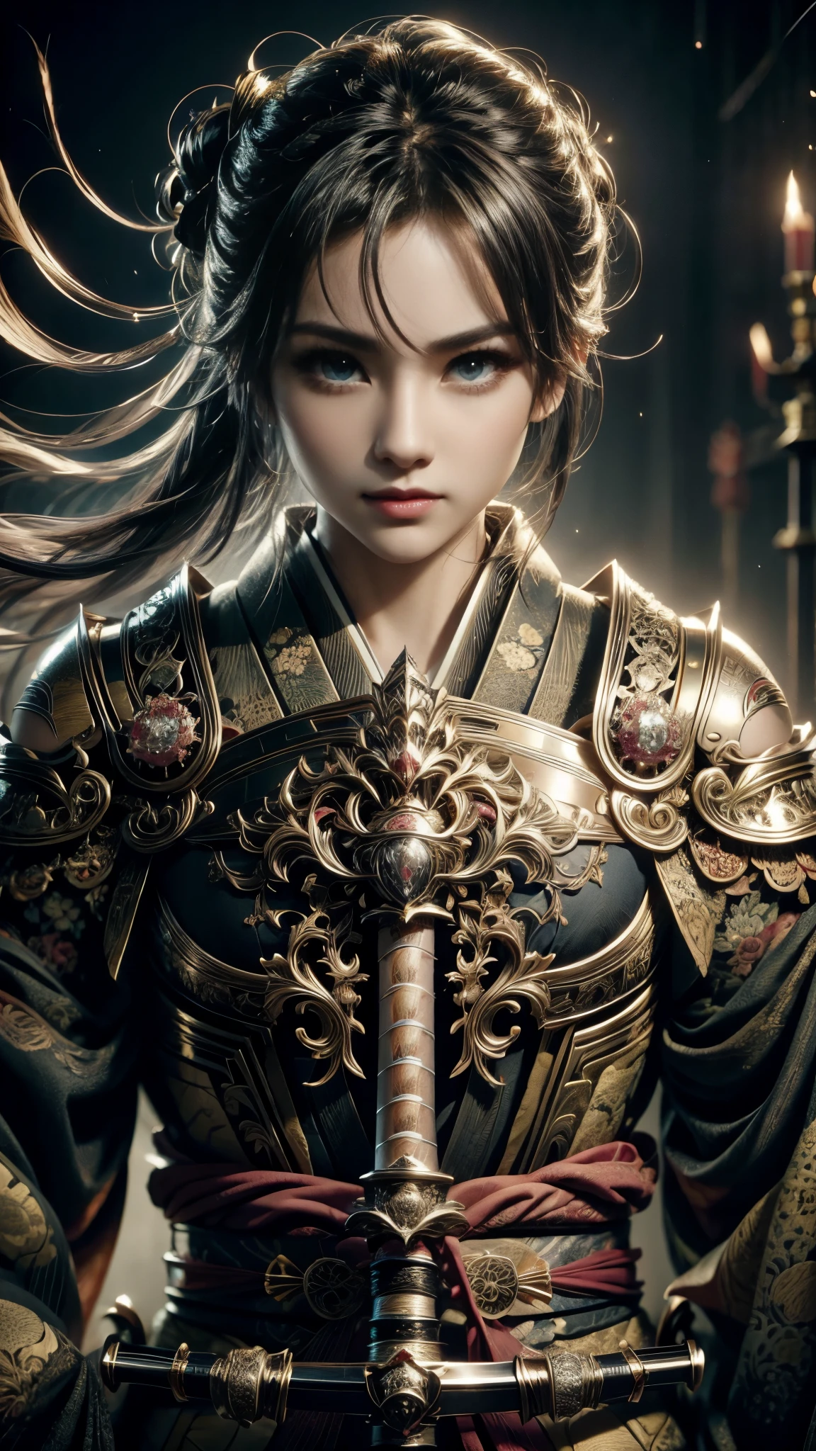 (RAW shooting:1.5, Photoreal:1.5, 8k, highest quality, masterpiece, ultra high resolution), Japan, world of magic and swords, perfect dynamic composition:1.2, Mysterious:1.3, Highly detailed skin and facial textures:1.3, Cute and sexy slim female swordsman, beautiful and aesthetic:1.2, cute and sexy beauty, perfect style, wear elaborate rings, Japan刀を持つ:1.3, fire, water, Wind, thunder, ice, Fair skin, very beautiful face, (Medium chest, Chest gap), (embarrassing smile, The expression on your face when you feel intense caress, Facial expression when feeling pleasure), (wear kimono sexy:1.1, off shoulder), (beautiful blue eyes, Eyes that feel beautiful eros:0.8), (Too erotic:0.9, Bewitching:0.9), full body shot, 背景にJapanの城