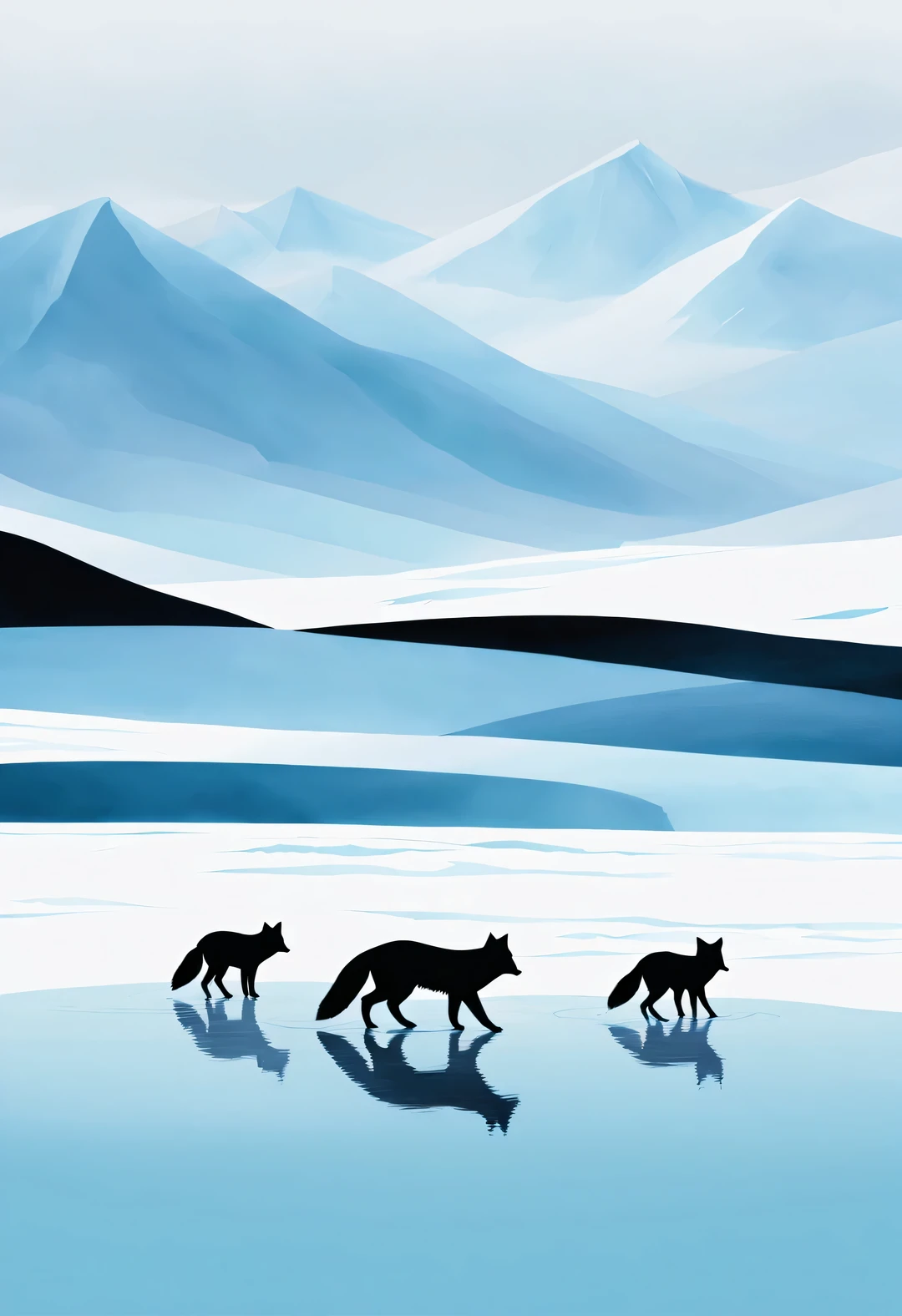 minimalist stripe painting, foggy ice fields, Arctic fox silhouette in water ，chaotic