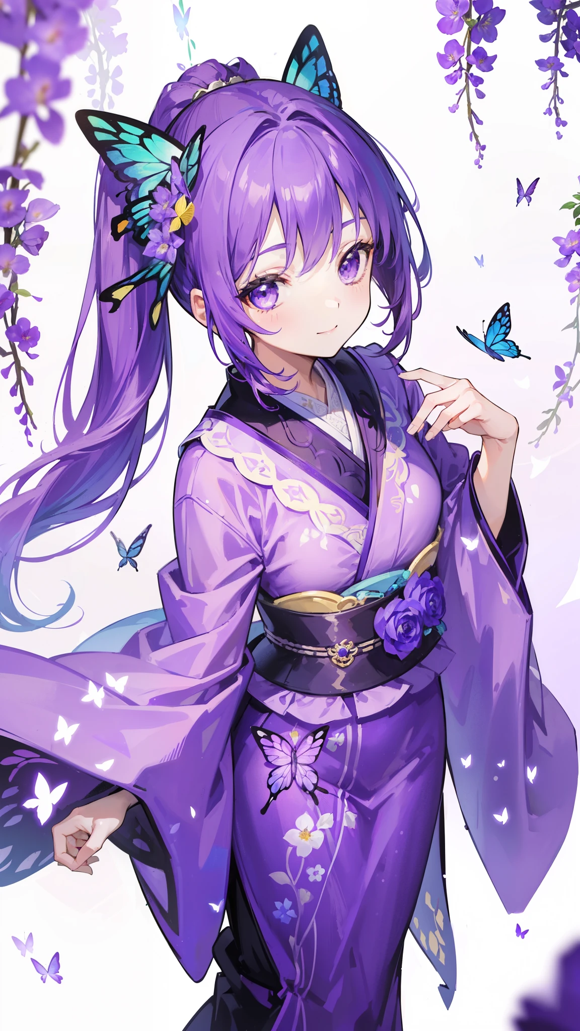 (32k), ((cute girl)), (hight quality), (high-level image quality), (smile), (hight quality wisteria flowers background), (32k background), (wisteria trellis),
(purple short ponytail), (purple eyes), (18 years old), (illustration), (purple light particles), (purple kimono), (purple Japanese clothes), (((from above))), (32k), (beautiful cute girl), (butterfly ornament), (butterfly dresany butterflies)), (((background of many flowers
))), (((bright background))), (beautiful world), (cute world), (smile), (((beautiful quality))),