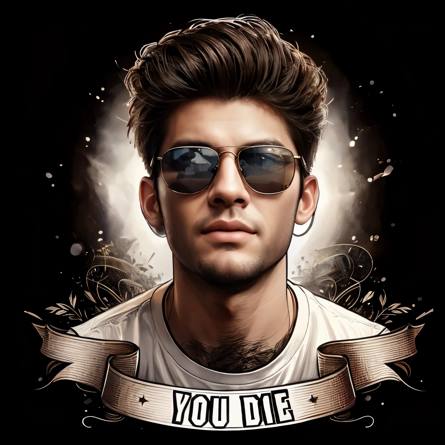 there is a man with sunglasses and a banner on his face, epic portrait illustration, in style of digital illustration, realistic detailed face portrait, detailed portrait, realistic detailed face, highly detailed portrait, ultra detailed portrait, detailed realistic face, extremely detailed portrait, detailed illustration portrait, detailed character portrait, portrait of ultra realistic, highly detailed realistic face, digital illustration portrait