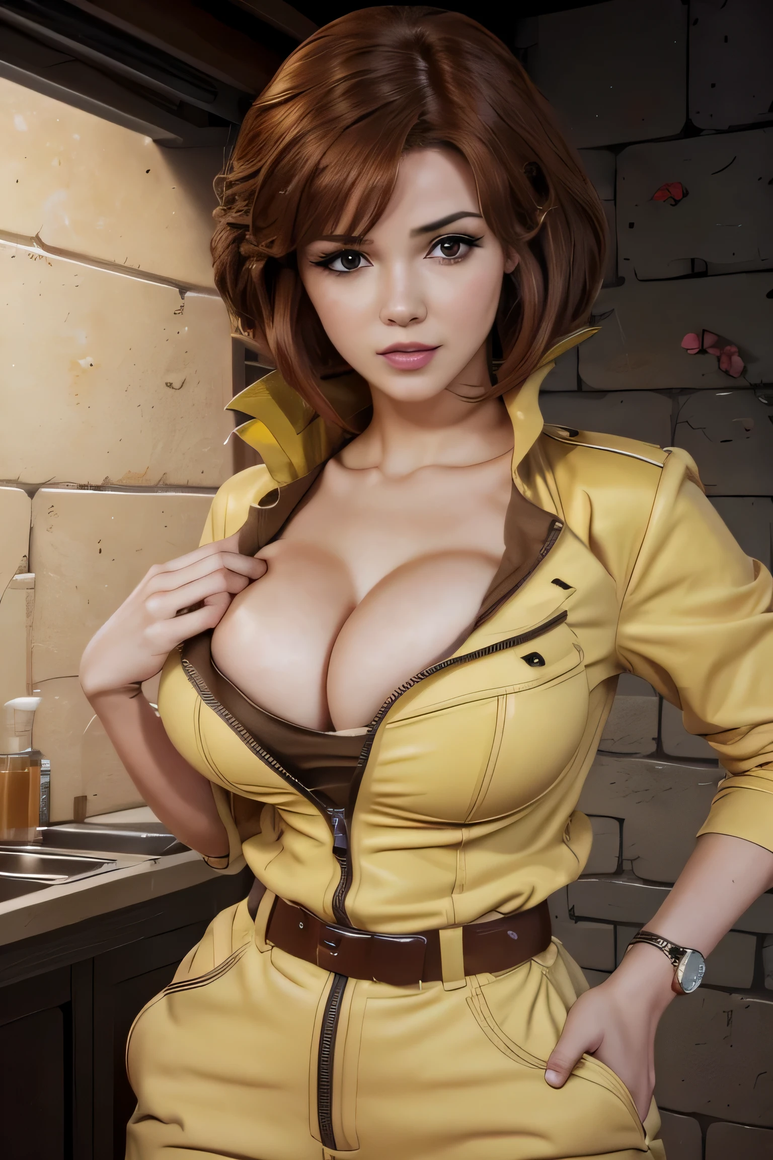 (masterpiece:1.2, best quality:1.2, beautiful, high quality, highres:1.1, aesthetic), detailed, extremely detailed, ambient soft lighting, 4K, perfect lighting, 1girl, solo,CARTOON_April_ONeil_TMNT_ownwaifu, www.ownwaifu.com, brown hair, short hair, breasts, brown eyes, large breasts, lips, makeup, collarbone, lipstick, cleavage, sleeves rolled up, yellow jumpsuit, watch, unzipped, zipper, white belt, red hair