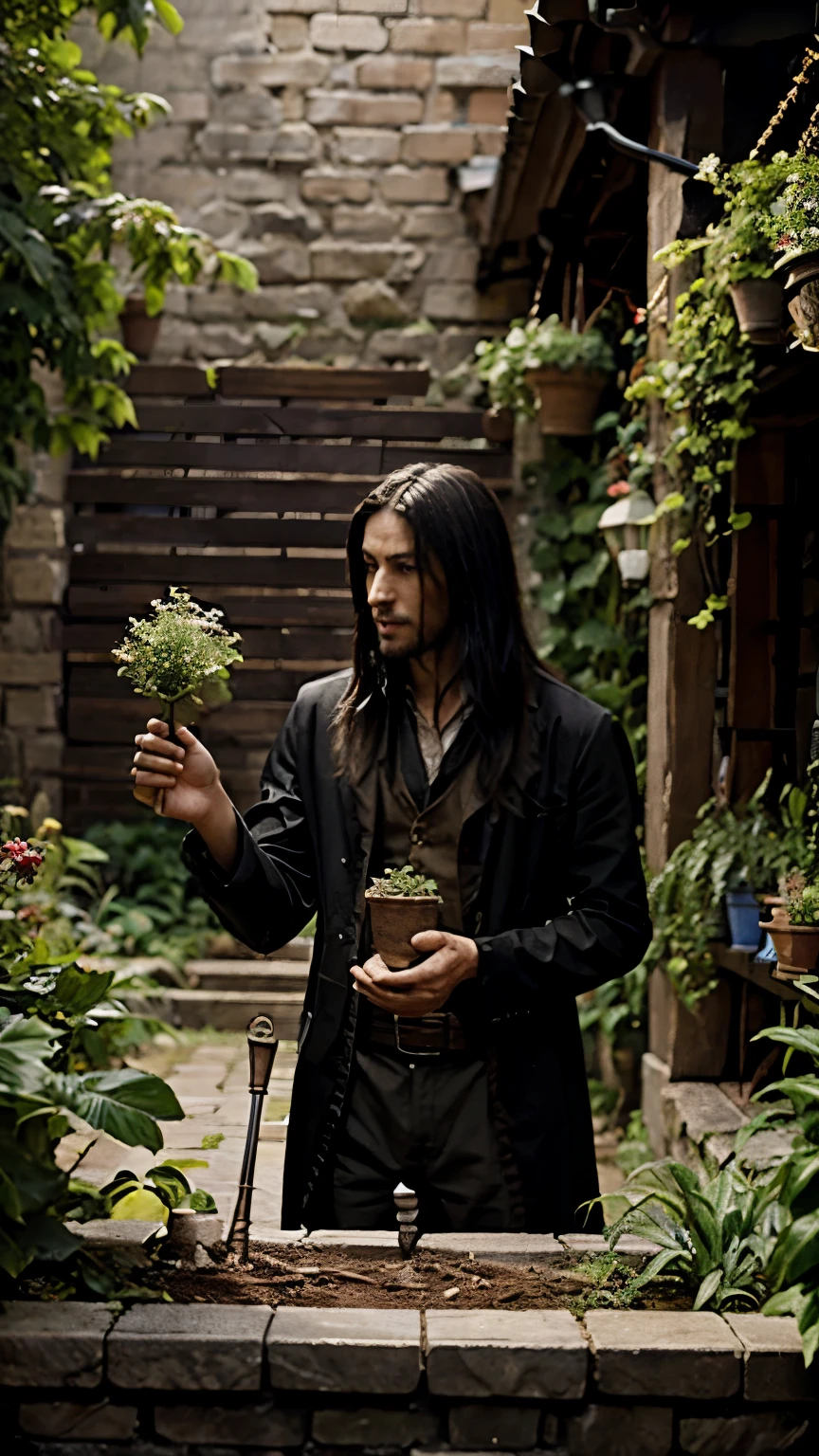 (masterpiece) a dark fantasy card artwork on the style of Magic The Gathering and Hearthstone showing a gardener using dark wizard clothes around his plants with both hands conjuring spells to his plants with the hopeness to see them flow magical effects, all of the plants needs to stay on pots with ancient symbols putted around the design of the pot
