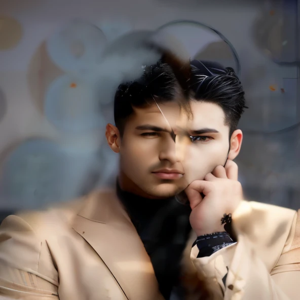 prompt: (best quality,4k,8k,highres,masterpiece:1.2),ultra-detailed,(realistic,photorealistic,photo-realistic:1.37),handsome male model,portrait,impeccable features,tall and fit physique,gaze like magnetic charm,perfectly chiseled jawline,expressive eyes,sharp nose,strong eyebrows,full lips,sophisticated hairstyle,fashionable attire,vibrant colors,soft lighting