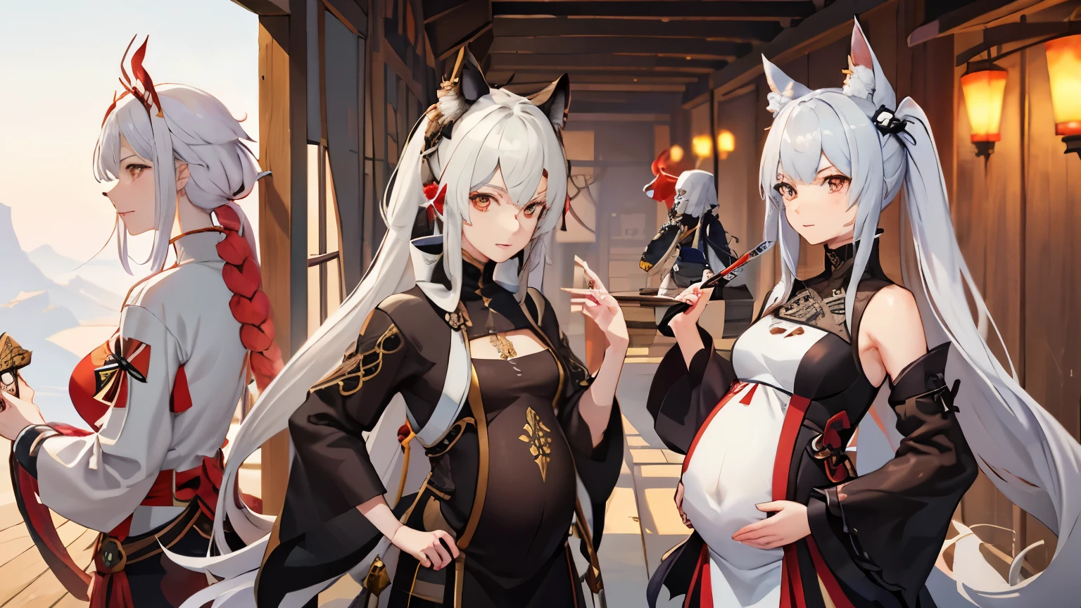 a woman in a dress holding a dagger and a dagger, video game character, from arknights, fox nobushi holding a dagger, hajime yatate, keqing from genshin impact, random haired deity, with small sword, ayaka genshin impact, female action anime girl, official character art, anime character, pregnant anime girl, fetus, random hair color, pregnant belly 