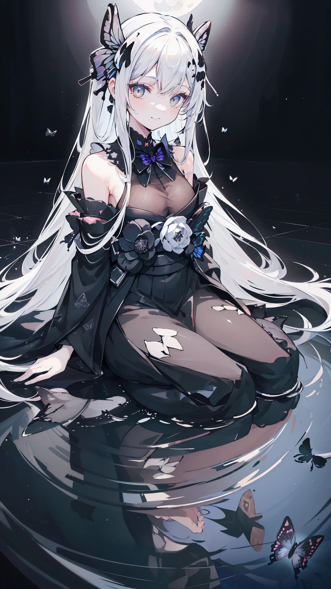 32k, perfect body, cute , cute smile, cute dress, long hair, white hair, black dress, ((black butterfly)), ((black butterfly hair ornament)), ((black butterfly shaped brooch)), ((black butterfly dress)), ((black ligth particle)), (((beautiful quality))), ((black kimono)), ((black Japanese clothing)), (((the floor is on the water surface))), ((full moon)),