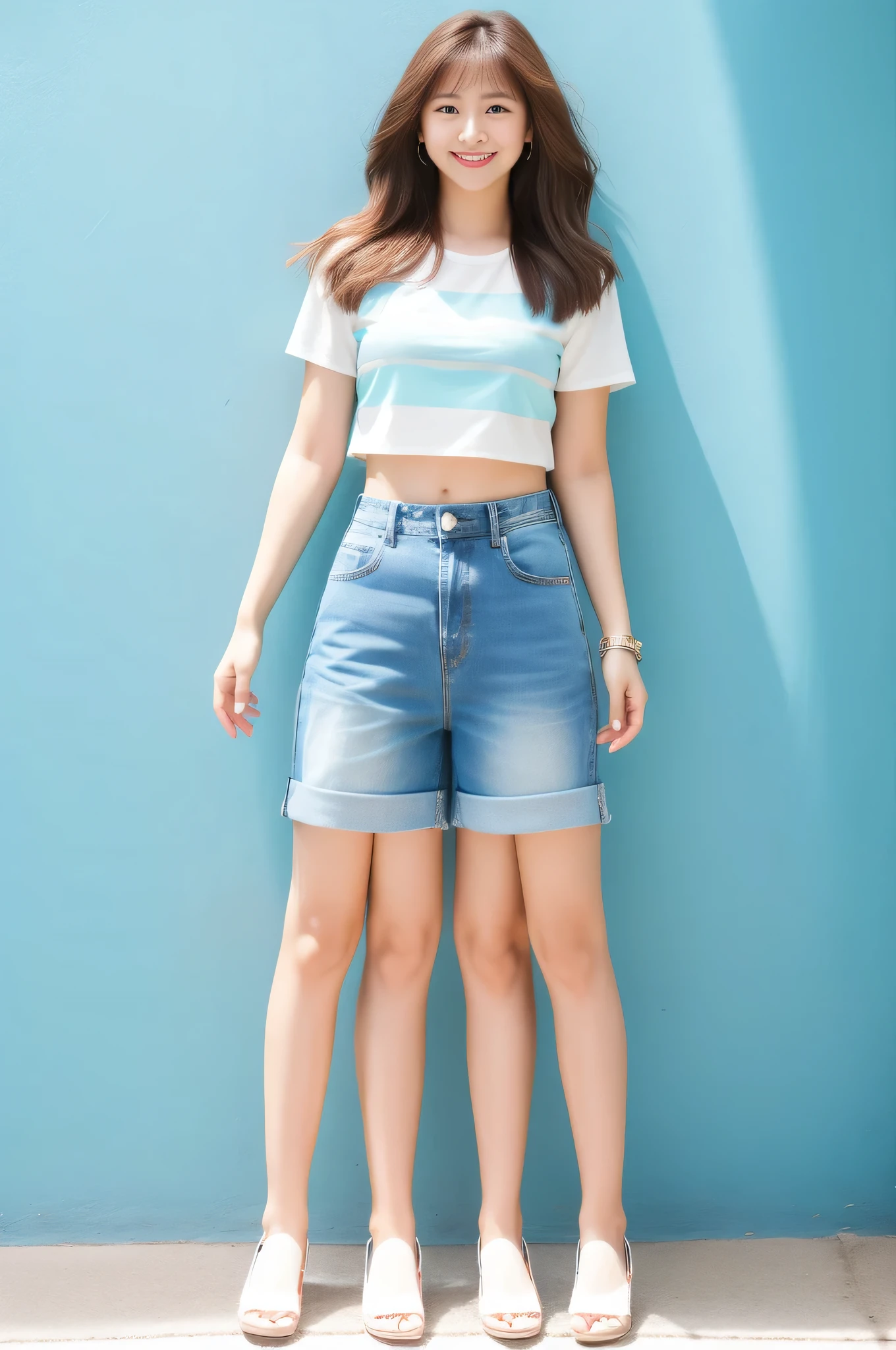 wonderful young girl,clear eyes,lifelike eyes,same eyes,Blue denim top and shorts, curvy arms, confident smile, very beautiful, Lovely,arms aside, 4 legs!, Hidetoshi,Slender legs,bare legs,normal hand, slender figure,21 years old,Korean