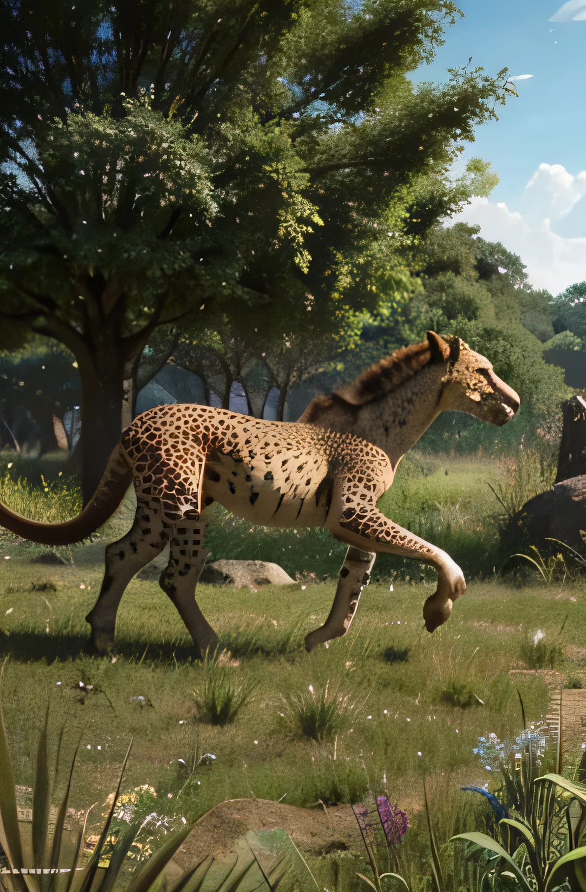 The concept art depicts a highly detailed and hyper-realistic scene set in a unique and natural environment. The image showcases a creature that resembles a horse but possesses distinct lizard-like features. The animal has long, lizard-like tails and its skin is covered in scales. It is captured in motion, running gracefully and swiftly, reminiscent of a cheetah.
The creature thrives in the tallest grassy areas of this otherworldly environment. Towering grass creates a sense of depth as it surrounds the creature, adding a lush and immersive feel to the scene. The grass is depicted in high detail, capturing the intricate textures and vibrant colors.
In terms of size, the creature stands tall at approximately 3.3 to 5.8 feet (about 1 to 1.8 meters) and measures around 4.5 to 6.5 feet (about 1.4 to 2 meters) in length. It possesses a robust build, with a weight ranging from 6.8 to 8.9 kilograms (around 15 to 20 pounds).
Overall, the concept art portrays a fantastical creature that seamlessly combines features from different animals. The environment is designed to be more natural and exotic than Earth, immersing the viewer in a visually stunning and awe-inspiring setting.