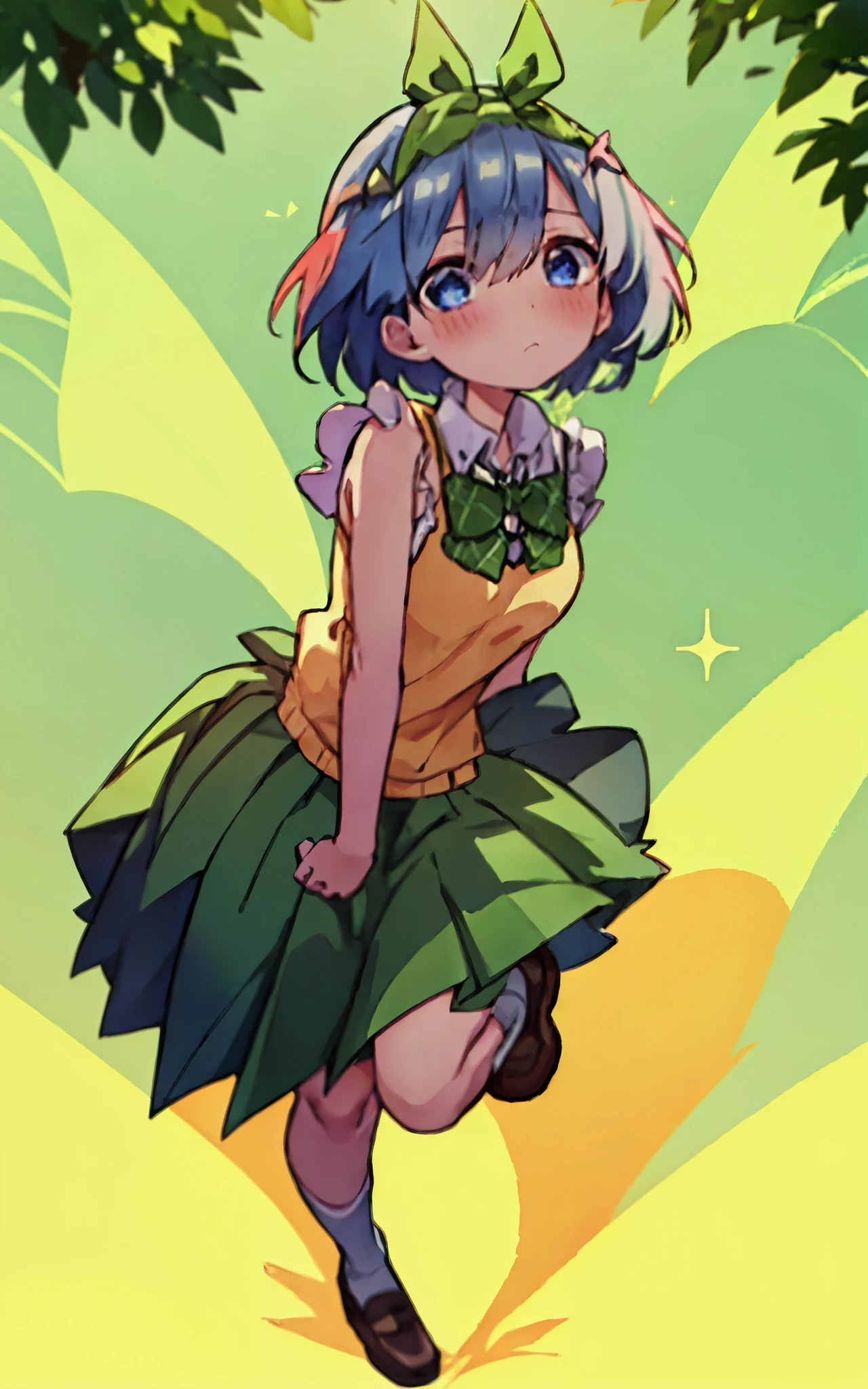 Rem dressed up as Yotsuba Nakano, school uniform, short blue hair, sparkling blue eyes, sweet face, tender, lovely, 4k, perfect quality, excellent fusion, excellent character design, green ribbon, sleeveless yellow sweater, collared white short sleeved shirt, green bow tie, green pleated skirt, bright colors, pastel coloured image, vivid colours, light colours, simple background, magic hill background, splendid nature, natural light, daylight, full body, full shot, dinamic pose, extremely detailed, clean lineart, neat, blushing, vute face, sweet,