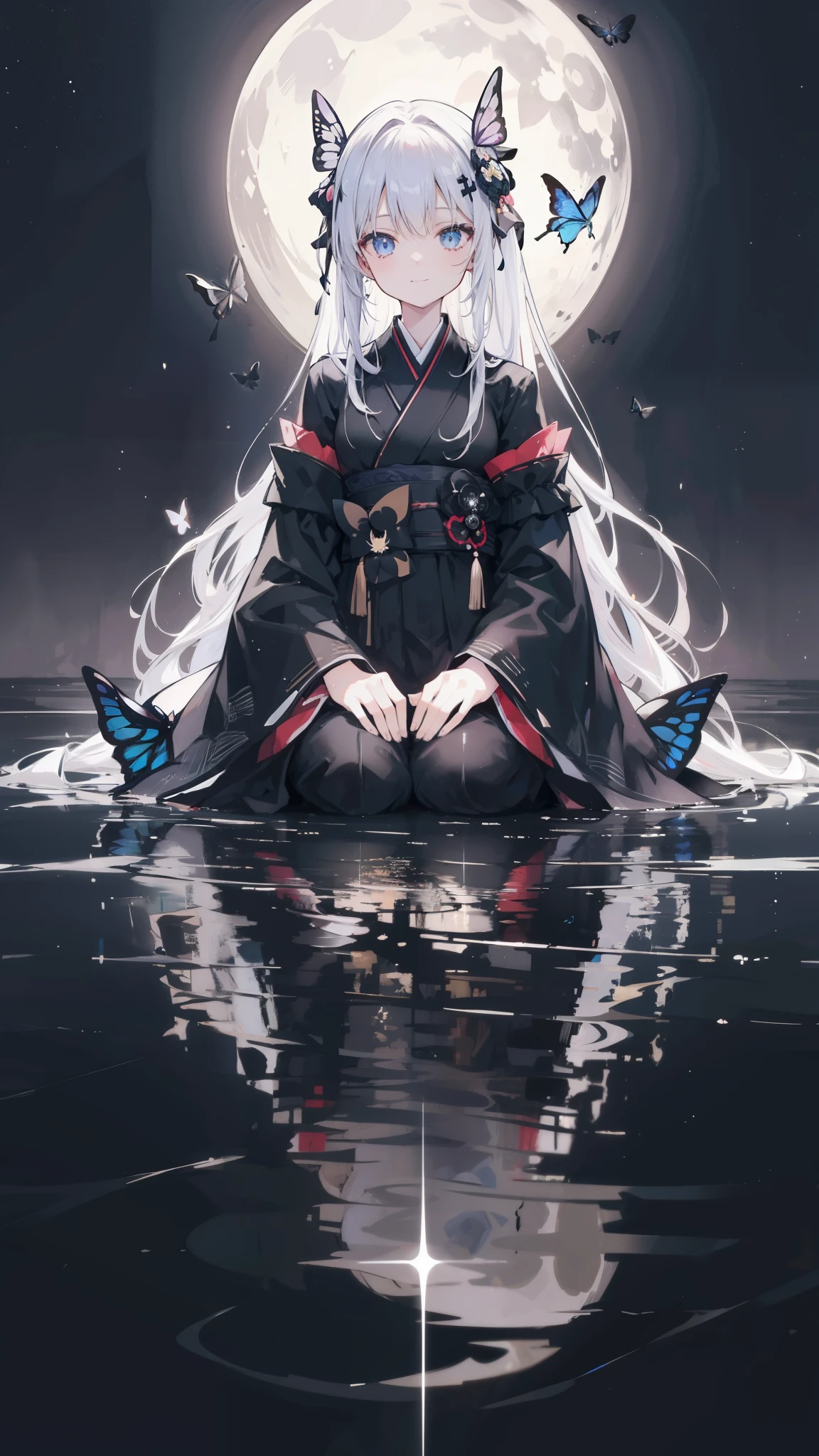 32k, perfect body, cute , cute smile, cute dress, long hair, white hair, black dress, ((black butterfly)), ((black butterfly hair ornament)), ((black butterfly shaped brooch)), ((black butterfly dress)), ((black ligth particle)), (((beautiful quality))), ((black kimono)), ((black Japanese clothing)), (((the floor is on the water surface))), ((full moon)), 