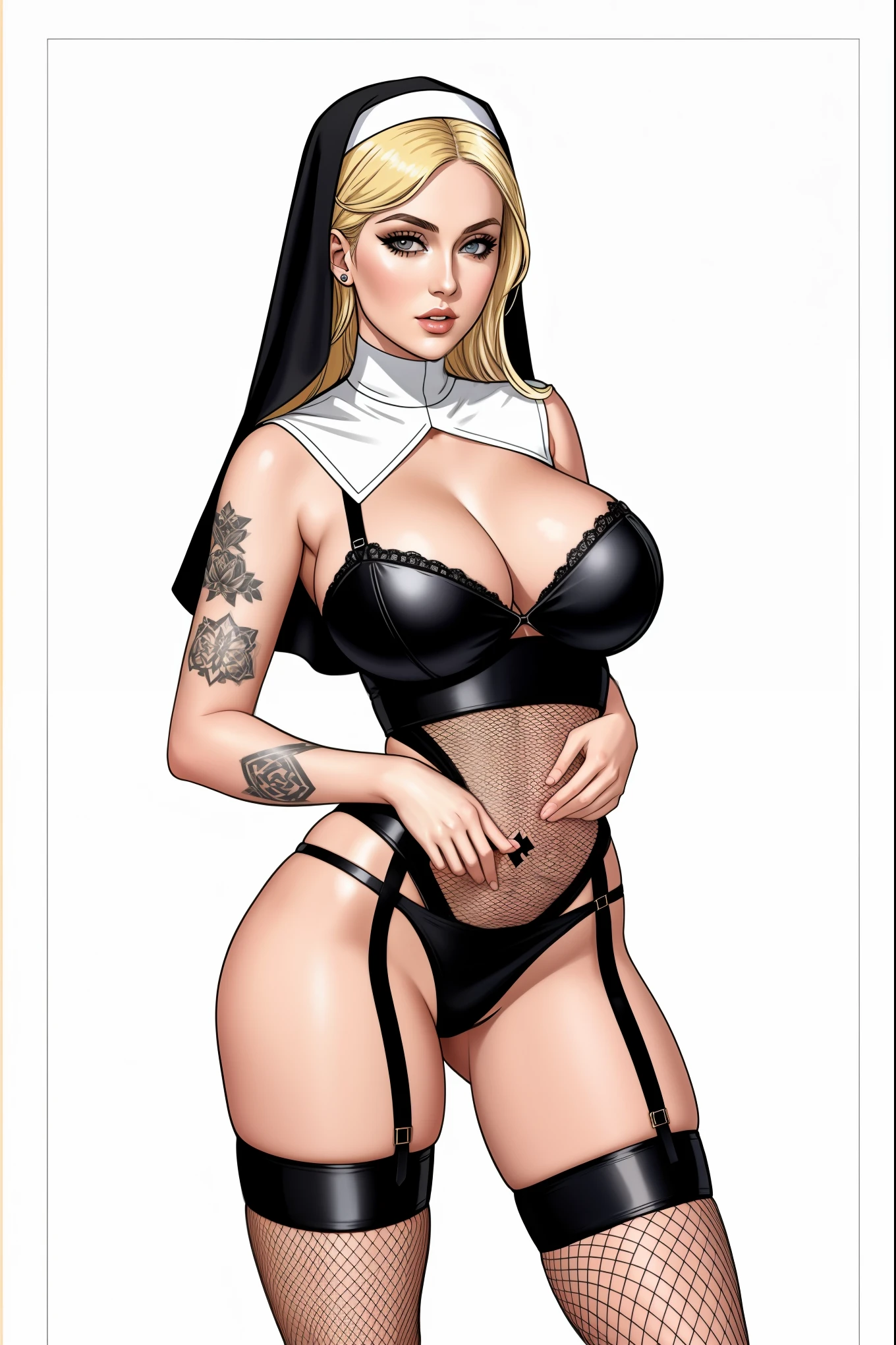 Sexy nun, pagan, fishnet stockings, standing, blank background, white background, blonde hair, tattoos