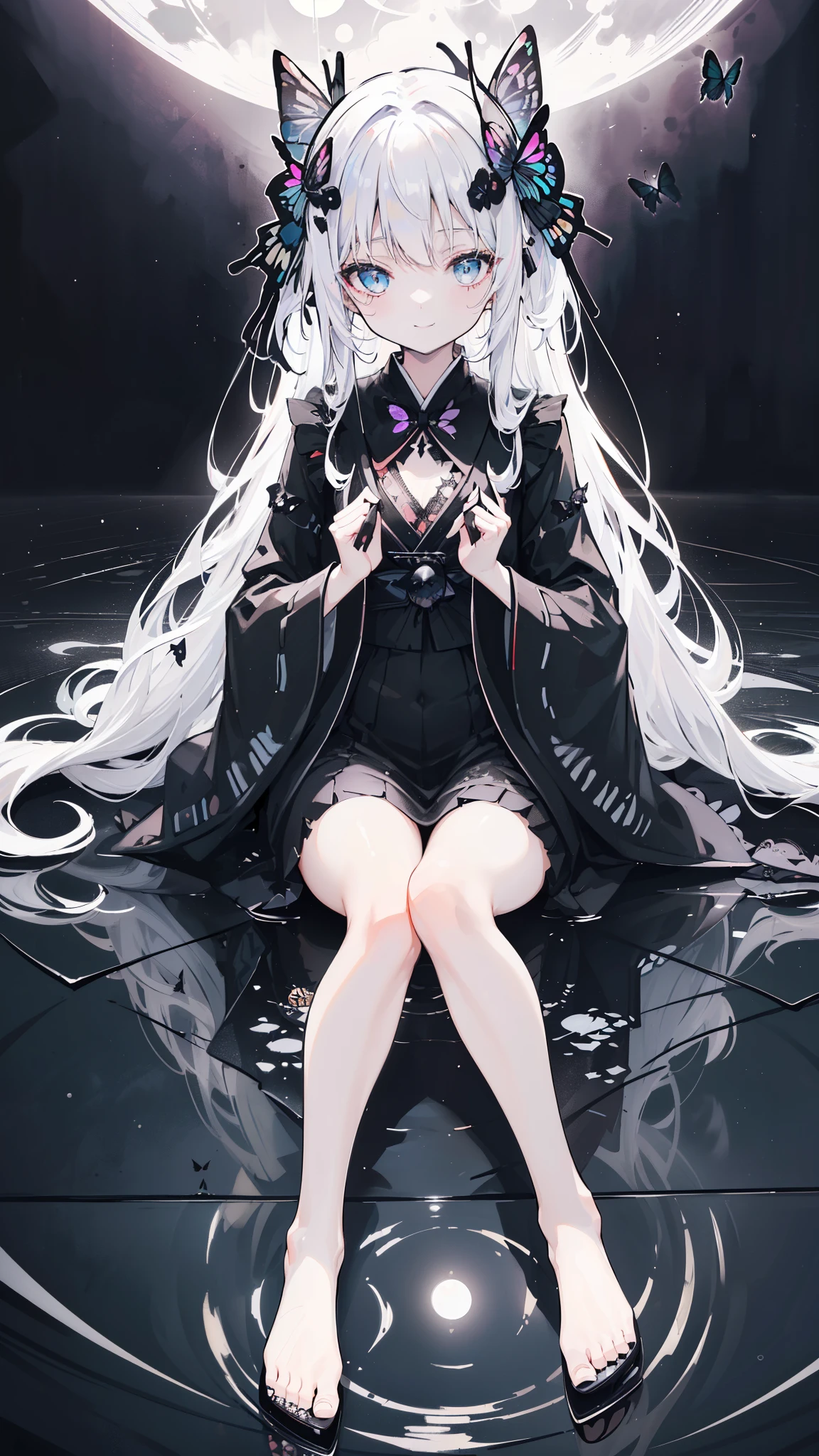 32k, perfect body, cute , cute smile, cute dress, long hair, white hair, black dress, ((black butterfly)), ((black butterfly hair ornament)), ((black butterfly shaped brooch)), ((black butterfly dress)), ((black ligth particle)), (((beautiful quality))), ((black kimono)), ((black Japanese clothing)), (((the floor is on the water surface))), ((full moon)),