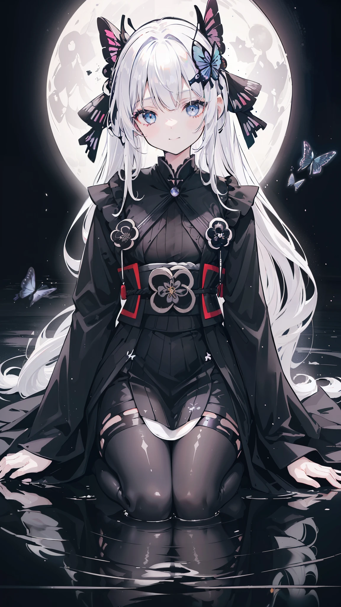 32k, perfect body, cute , cute smile, cute dress, long hair, white hair, black dress, ((black butterfly)), ((black butterfly hair ornament)), ((black butterfly shaped brooch)), ((black butterfly dress)), ((black ligth particle)), (((beautiful quality))), ((black kimono)), ((black Japanese clothing)), (((the floor is on the water surface))), ((full moon)),