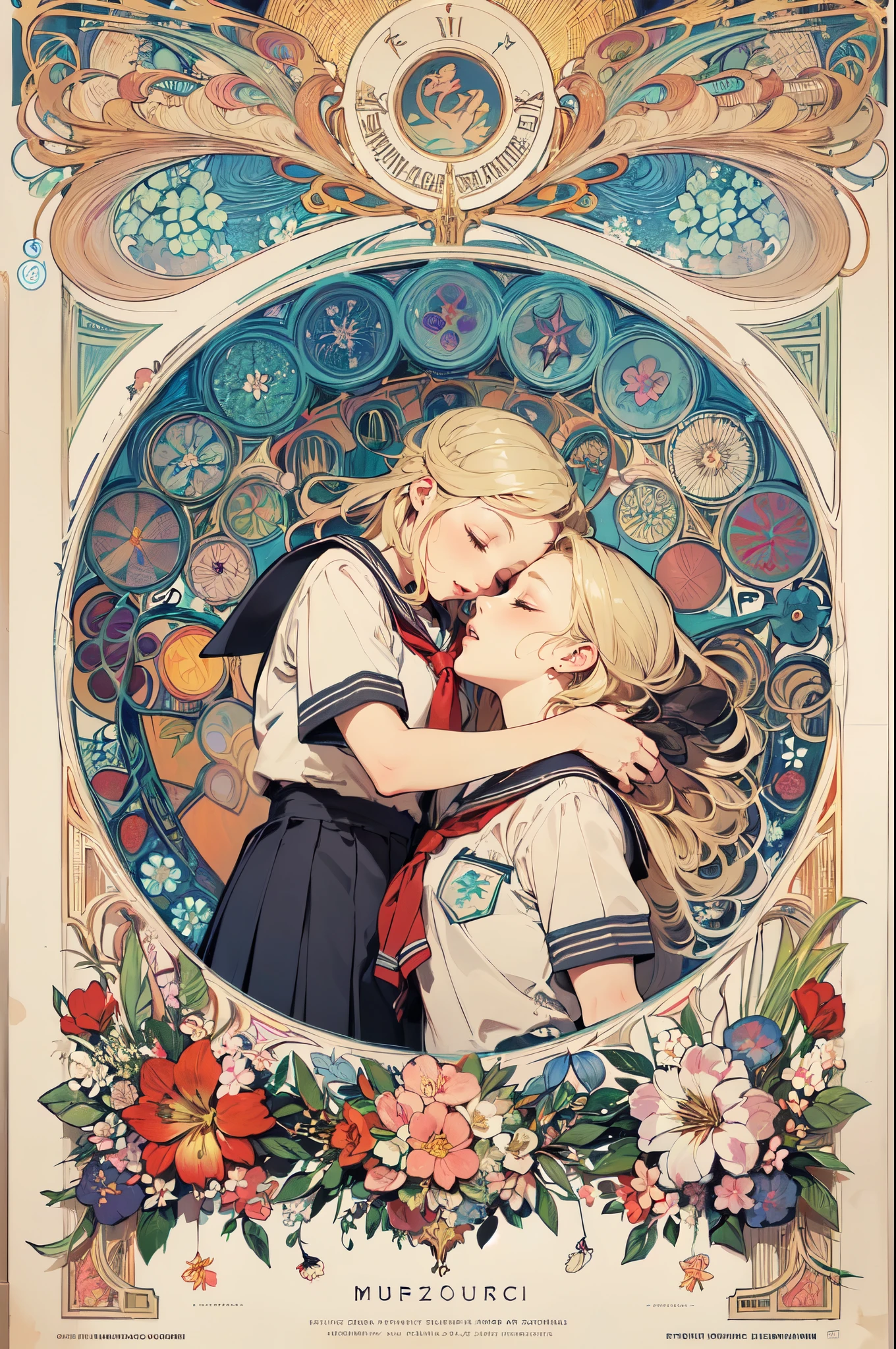 poster,(by mucha:1.2),((art deco,Botanical Art,Floral Art)),(floral:1.2),lily flower,
(masterpiece, highest quality),(vibrant colors,colorful),(amazing details,detailed background),anatomically correct,Accurate drawing,Detailed drawing,high-class sense,

lie down,girls hugging:1.4,(blonde hair,look down),
(School uniform:1.5), pillow,half closed eyes,