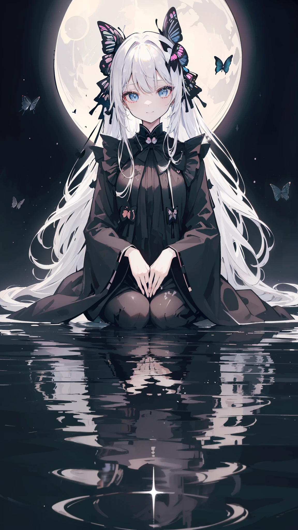 32k, perfect body, cute , cute smile, cute dress, long hair, white hair, black dress, ((black butterfly)), ((black butterfly hair ornament)), ((black butterfly shaped brooch)), ((black butterfly dress)), ((black ligth particle)), (((beautiful quality))), ((black kimono)), ((black Japanese clothing)), (((the floor is on the water surface))), ((full moon)), 
