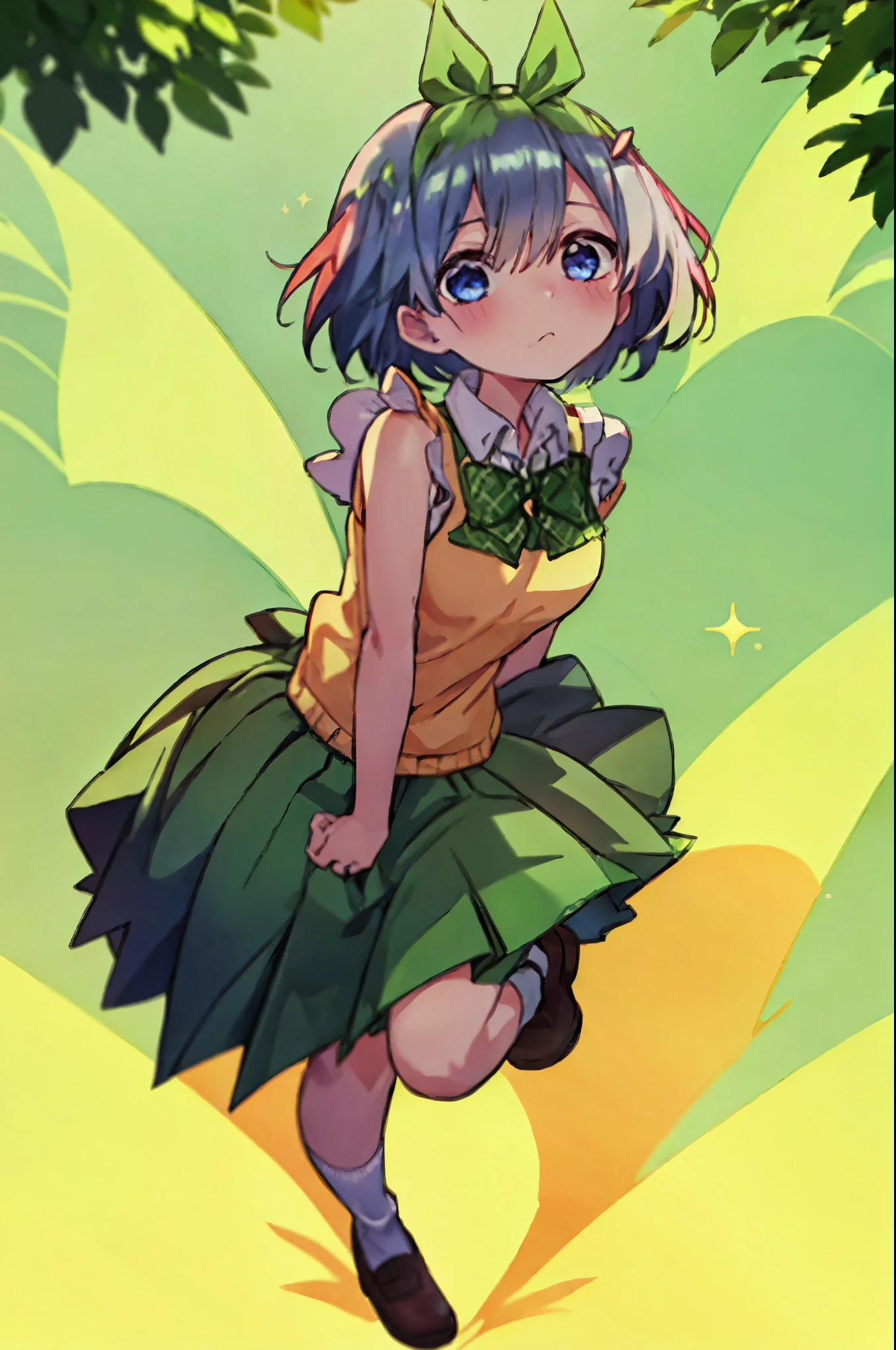 Rem dressed up as Yotsuba Nakano, school uniform, short blue hair, sparkling blue eyes, sweet face, tender, lovely, 4k, perfect quality, excellent fusion, excellent character design, green ribbon, sleeveless yellow sweater, collared white short sleeved shirt, green bow tie, green pleated skirt, bright colors, pastel coloured image, vivid colours, light colours, simple background, magic hill background, splendid nature, natural light, daylight, full body, full shot, dinamic pose, extremely detailed, clean lineart, neat, blushing, vute face, sweet, 