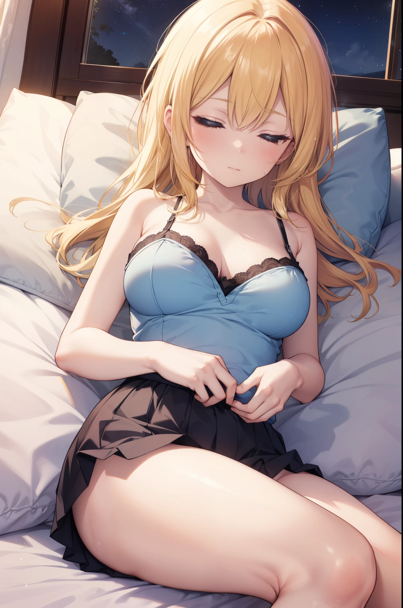 As the sun sets, a young anime-style girl lies on her back in bed, her blonde hair spread like a halo around her head. Her blue eyes, her serene face as she crosses her legs and rests her hands on her stomach. The black pajamas she wears hug her curves, the fabric soft against her skin. A touch of ecchi can be seen in the way her butt is slightly pert, adding to the overall charm of the scene.