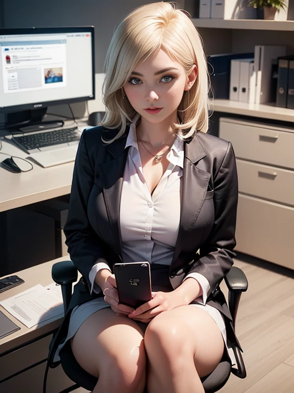 (best quality, 8k, highres, photorealistic:2.0), (solo, one girl:2.0),(lighting: front),(lighting: strong),(ultimate beautiful girl:2.0),(shiny skin),(oily skin),(platinum blonde hair:1.5),Blush brown makeup , dark eye makeup , use pink glossy lipstick,(big eyes girl:1.5),(Photographed in the sophisticated office of an information technology company:1.8),(elite business woman:1.8),(girl amazing sex appeal:1.5),(ultimate eleance),(ultimate ),