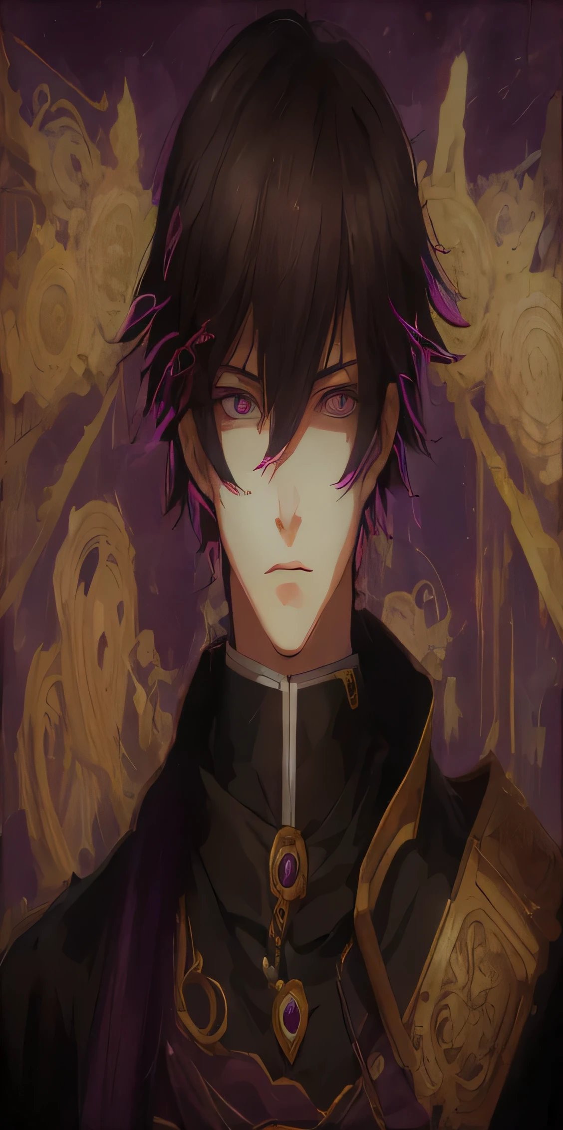Anime - imagem estilo de um homem com olhos roxos e casaco preto, inspirado em Okumura Masanobu, hijikata toushirou, black gear prince crown, Retrato Gapmoe Yandere Grimdark, Arte Zerochan, cute japanese demon boy, shigenori soejima illustration, handsome androgynous prince, lindo deus masculino da morte